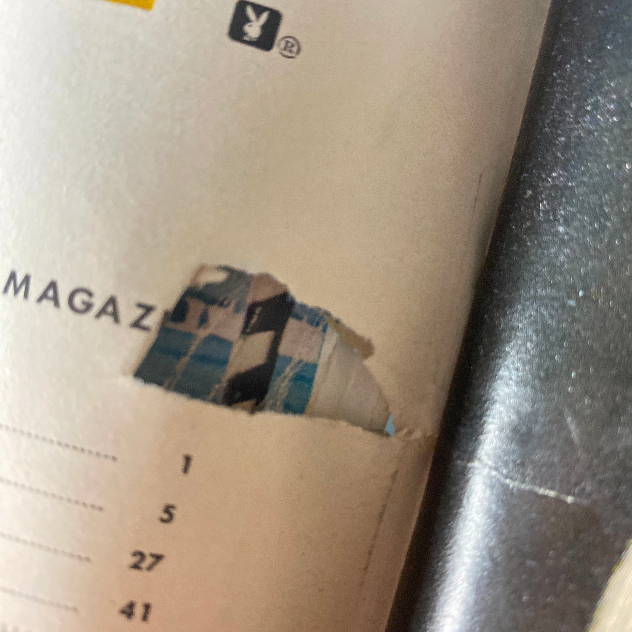 Close-up of damaged section of the spine from Playboy Magazine June 1964, revealing vintage magazine wear.