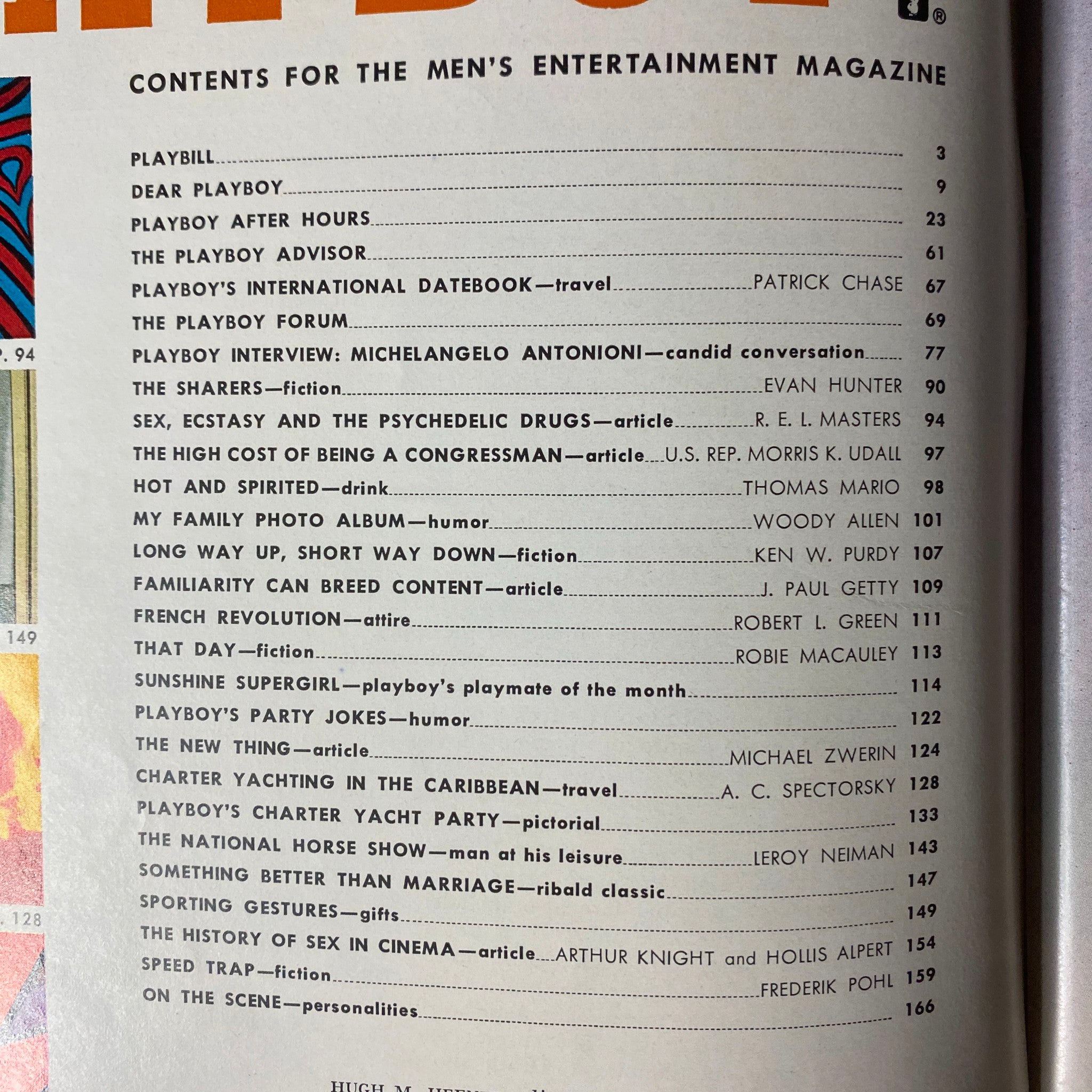Table of contents from Playboy Magazine November 1967 featuring articles including Playboy Interview with Michelangelo Antonioni, cultural commentary, and fiction. The magazine showcases Playmate Kaya Christian as Playmate of the Month.