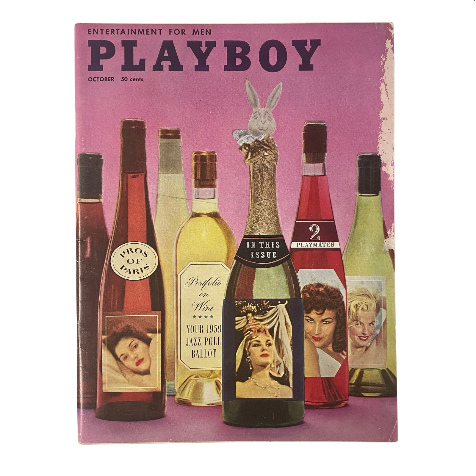 Cover of Playboy Magazine from October 1958 featuring the title, 'Playboy', with various wine bottles and images of playmates. Highlights the classic vintage aesthetic ideal for collectors.