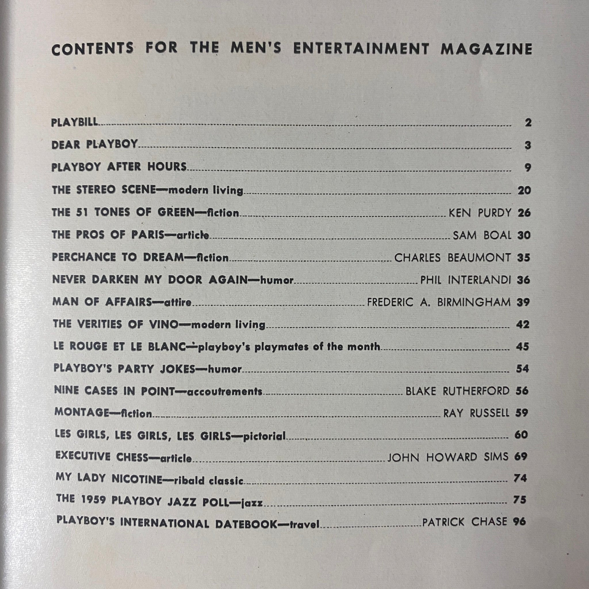 Contents page of Playboy Magazine October 1958, featuring articles and sections such as 'Playboy After Hours' and 'The Stereo Scene', highlighting cultural themes of the 1950s.