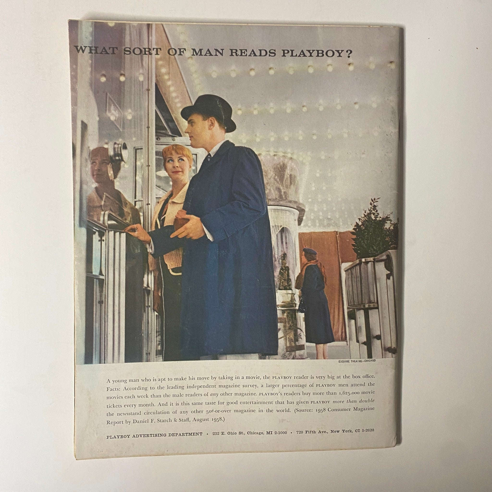 Back cover of Playboy Magazine October 1958 showing advertisement for subscription, presenting lifestyle and entertainment themes relevant to the magazine's audience.