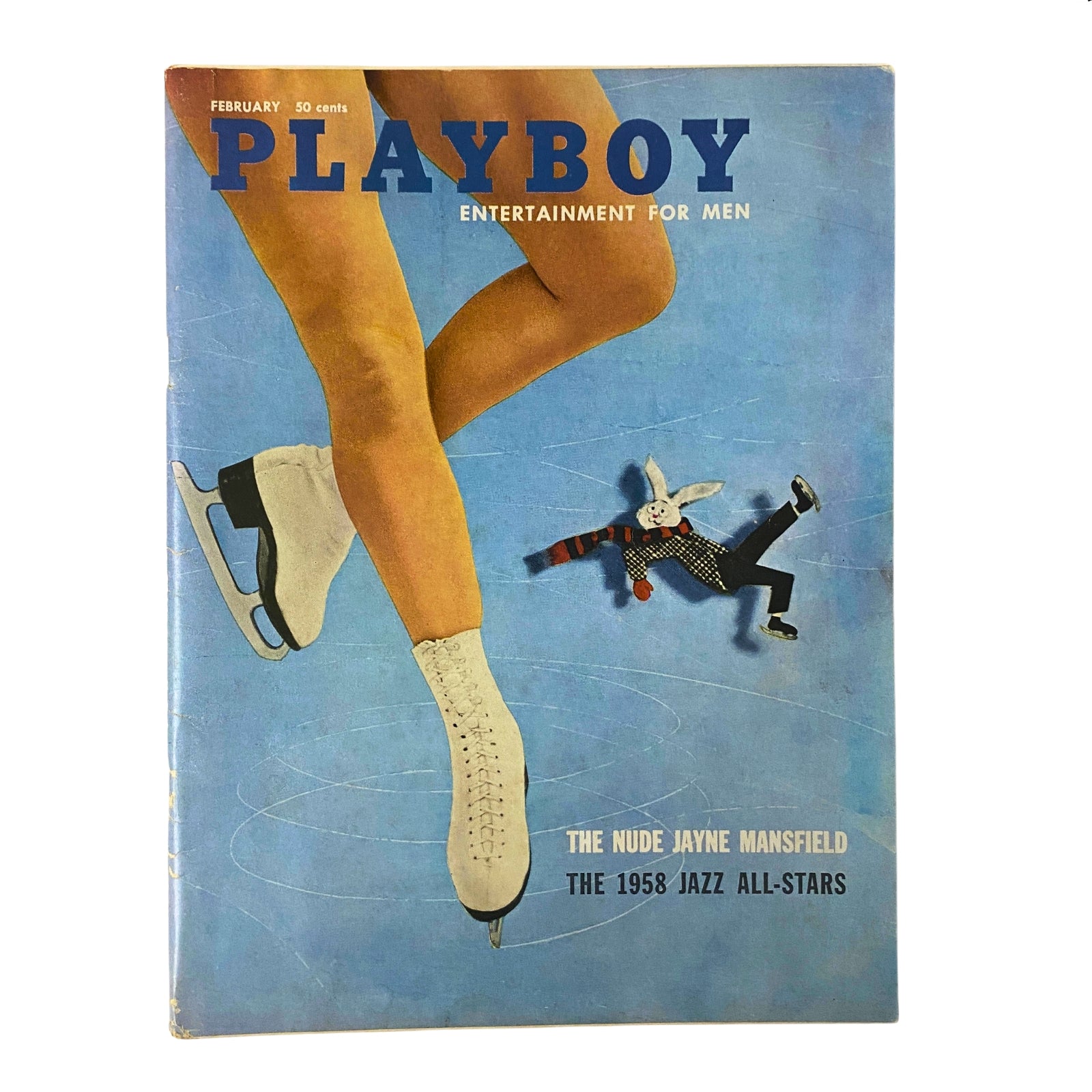 Cover of Playboy Magazine February 1958 featuring Playmate Cheryl Kubert with original centerfold, showcasing an illustration of a woman skating and a playful cartoon bunny, valued by collectors and vintage magazine enthusiasts.
