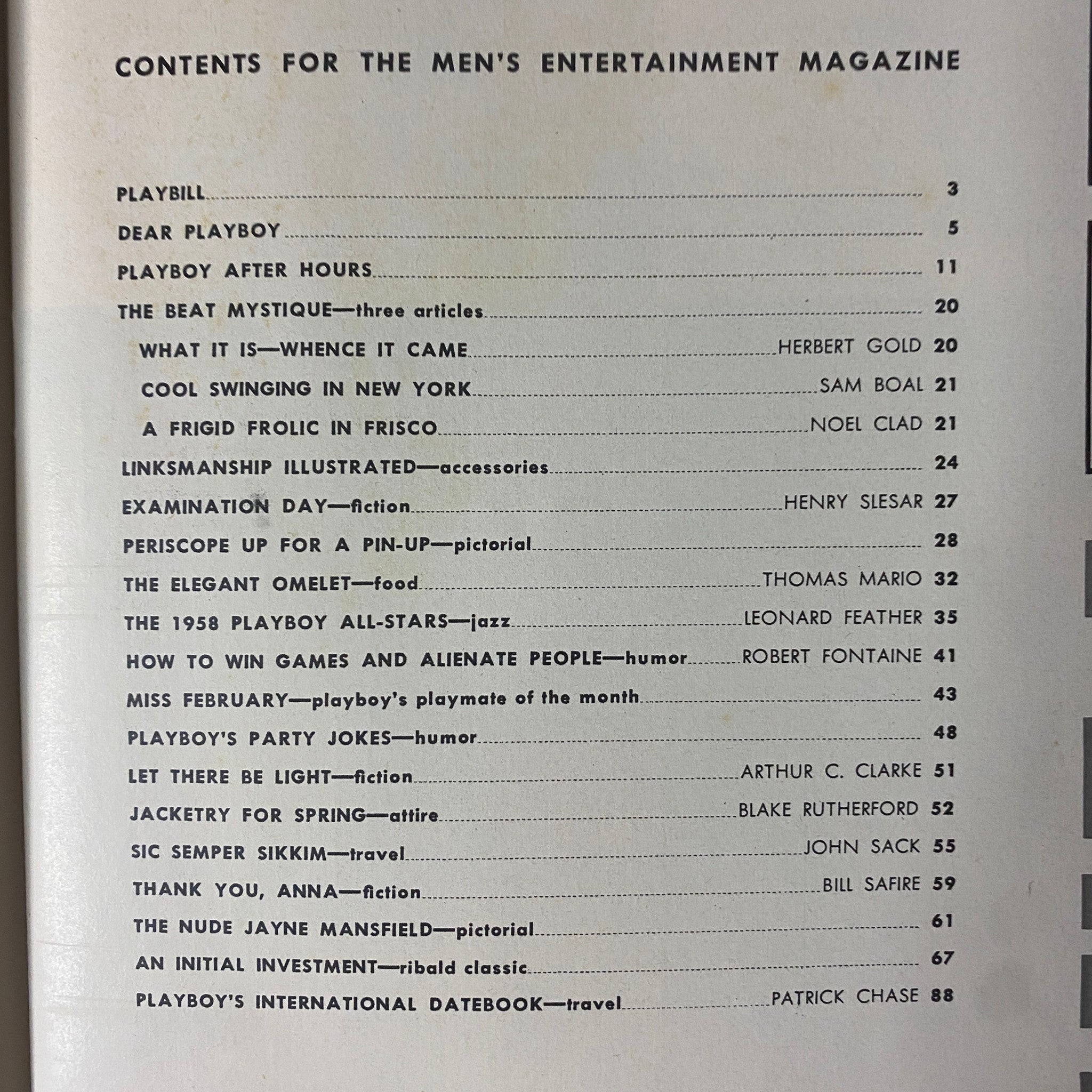 Contents page of Playboy Magazine February 1958, featuring articles and topics including the Beat Generation and Playboy's Playmate of the Month.