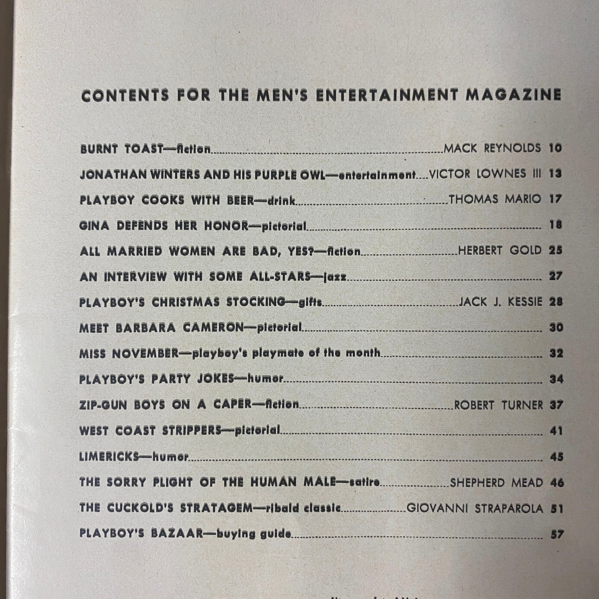 Contents page of Playboy Magazine November 1955, listing articles and features including 'Burnt Toast' fiction, 'Meet Barbara Cameron' pictorial, and 'Playboy's Party Jokes' humor.
