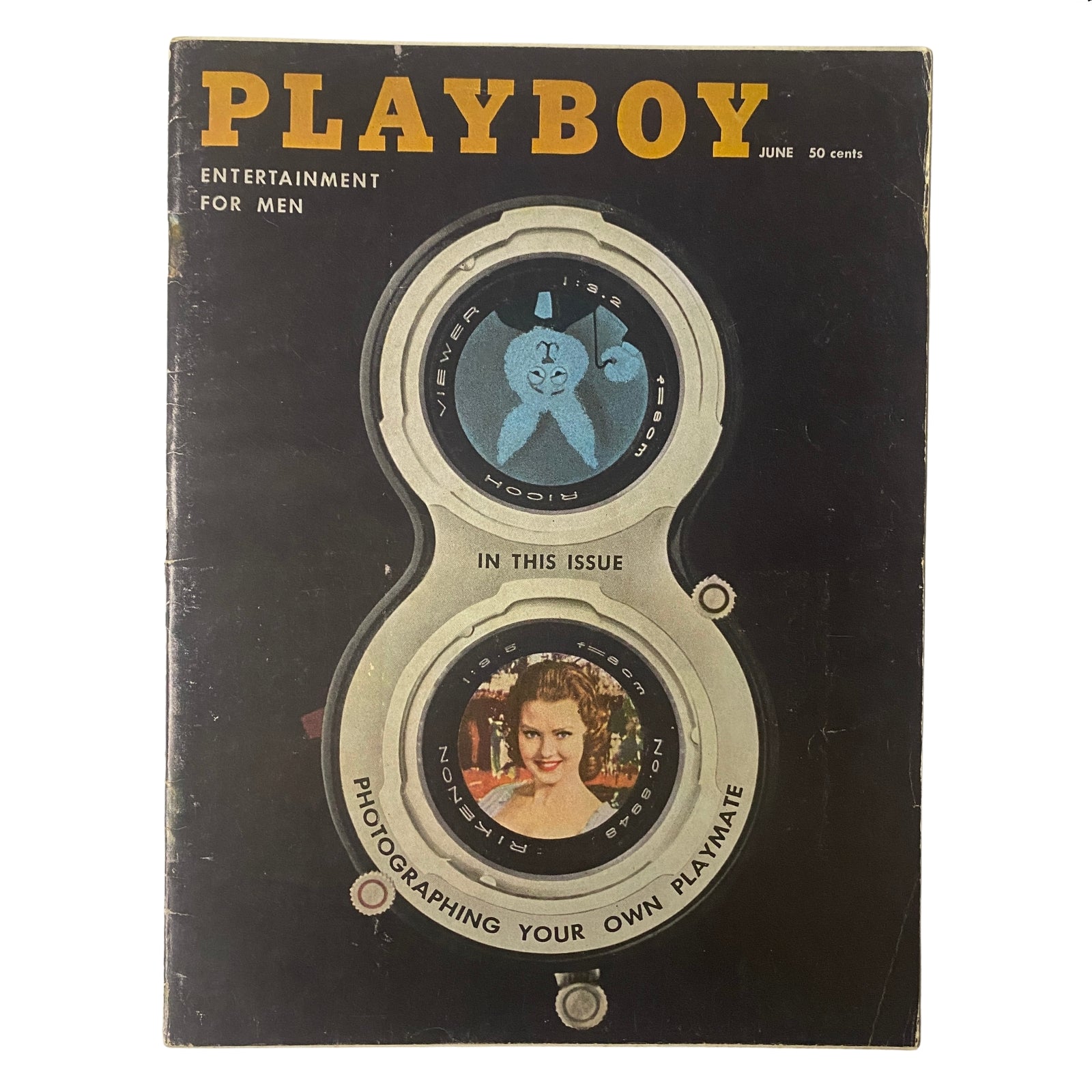 Cover of Playboy Magazine, June 1958 featuring Playmate Judy Lee Tomerlin with a visual design showcasing a viewer effect, representing the allure of vintage print media.