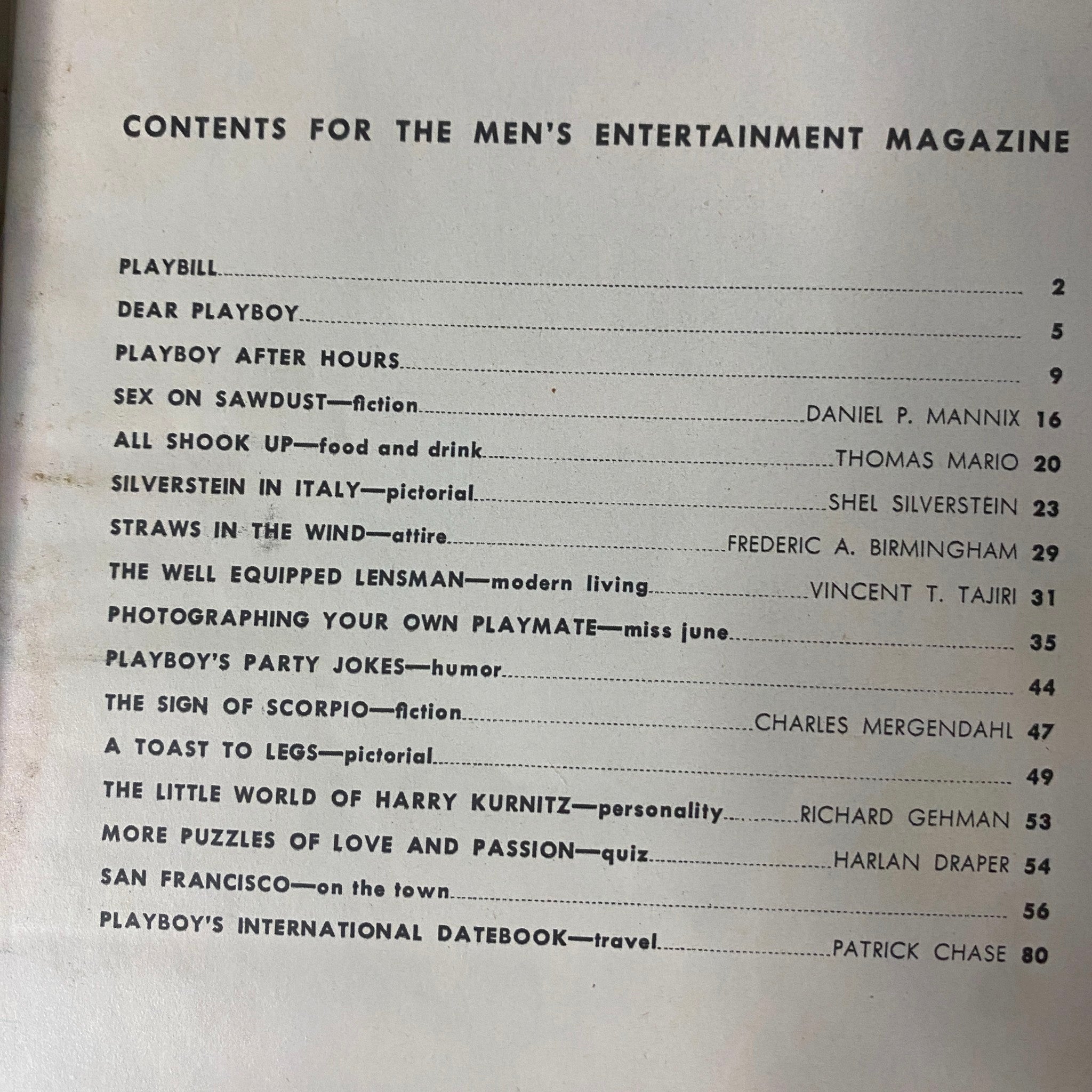 Table of contents from Playboy Magazine June 1958 detailing various articles and features including 'Sex on Sawdust' and 'The Well Equipped Lensman'.