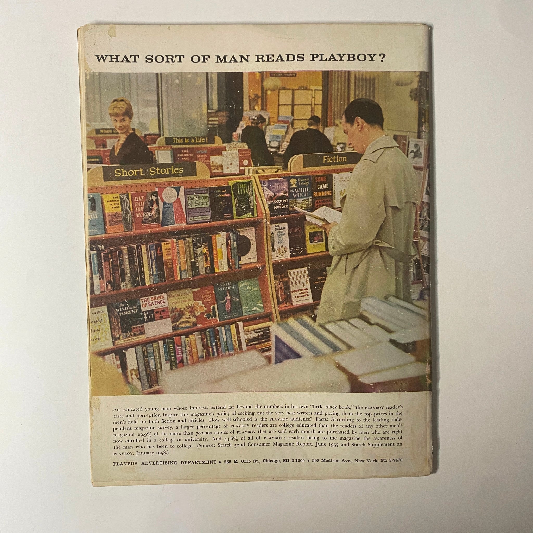 Back cover of Playboy Magazine June 1958 displaying an advertisement with young adults reading in a bookstore setting.