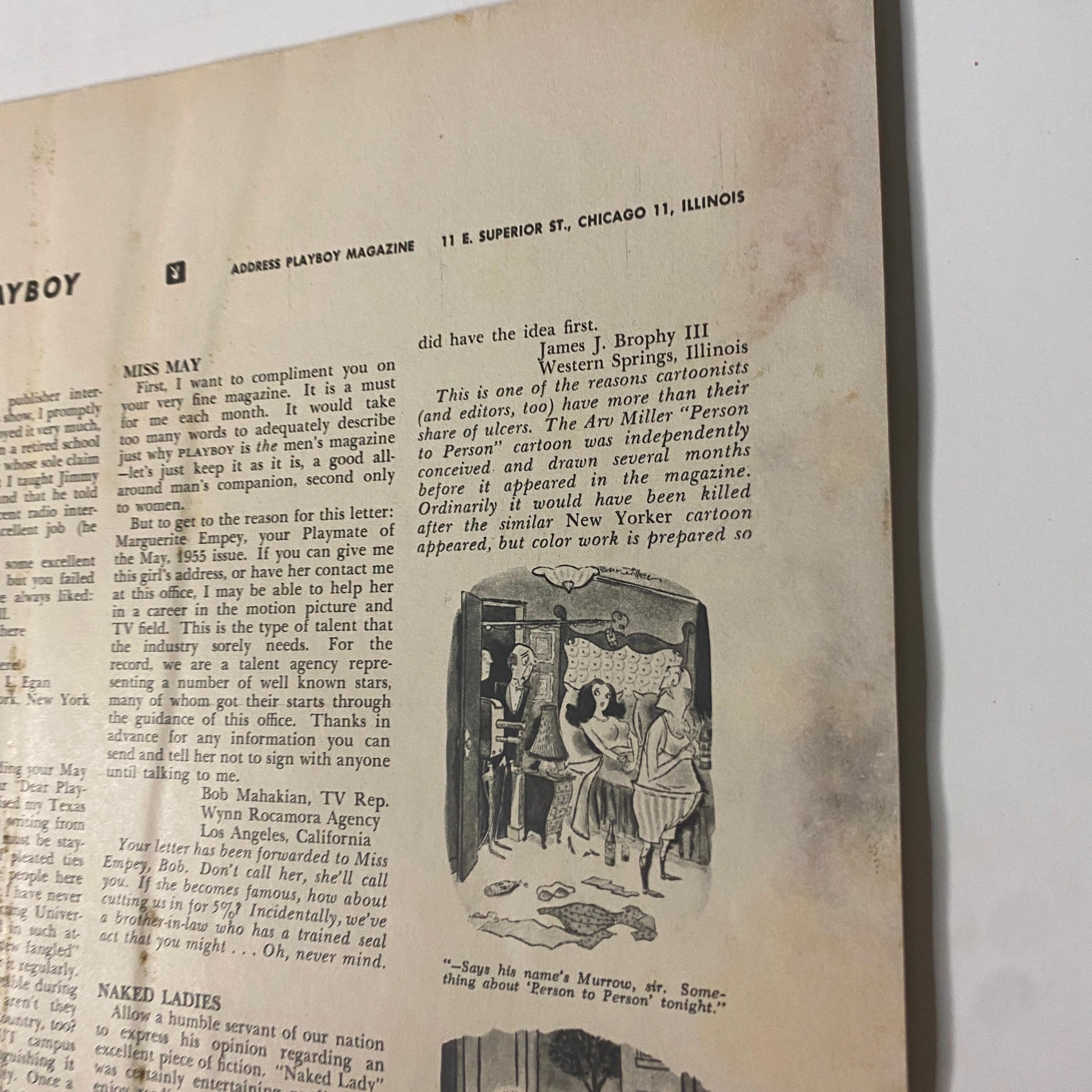 Playboy Magazine August 1955 showcasing a page featuring a letter section with a discussion on cartoonists, highlighting the magazine's engaging content.