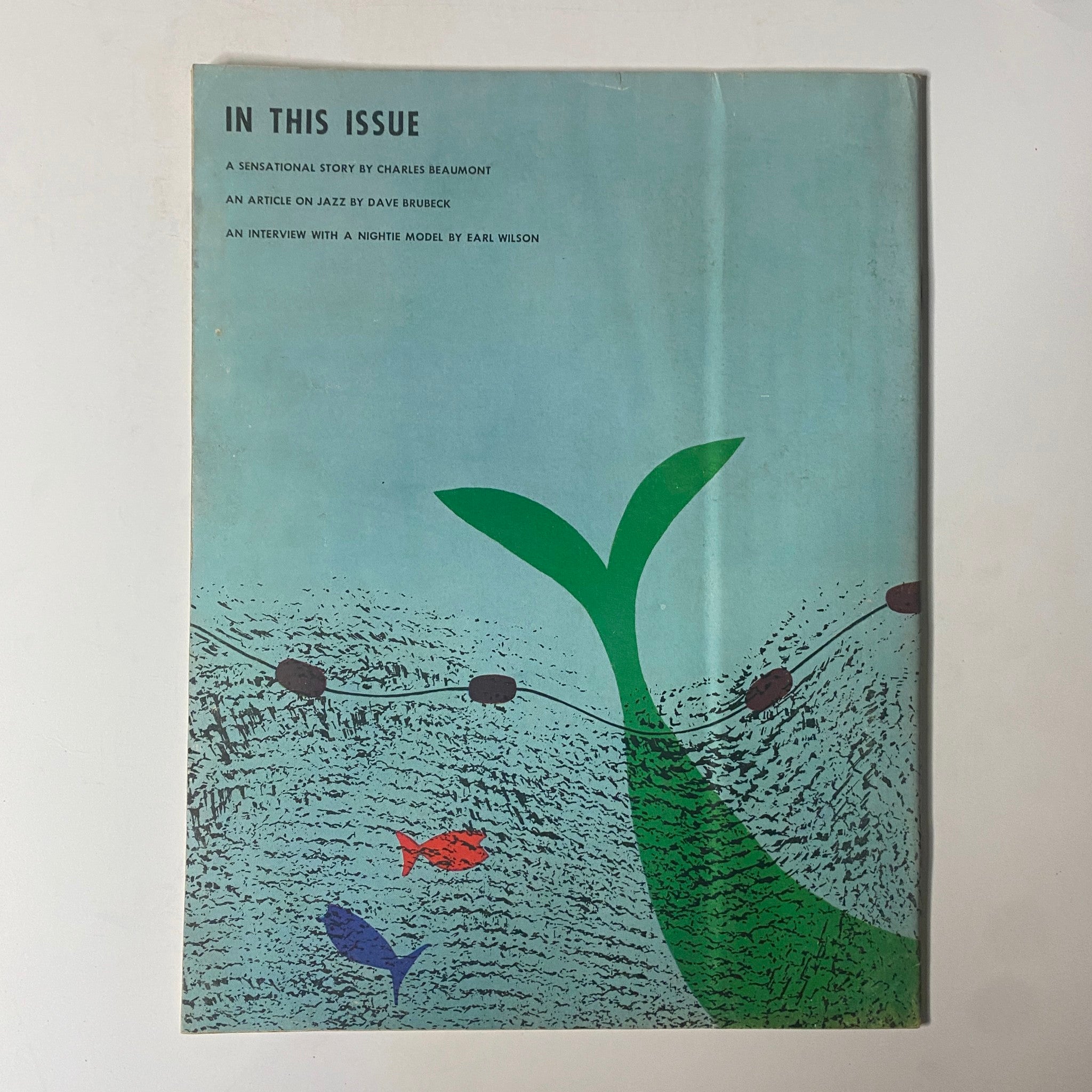 Back cover of Playboy Magazine August 1955, highlighting articles by Charles Beaumont and Dave Brubeck, showcasing mid-century design.