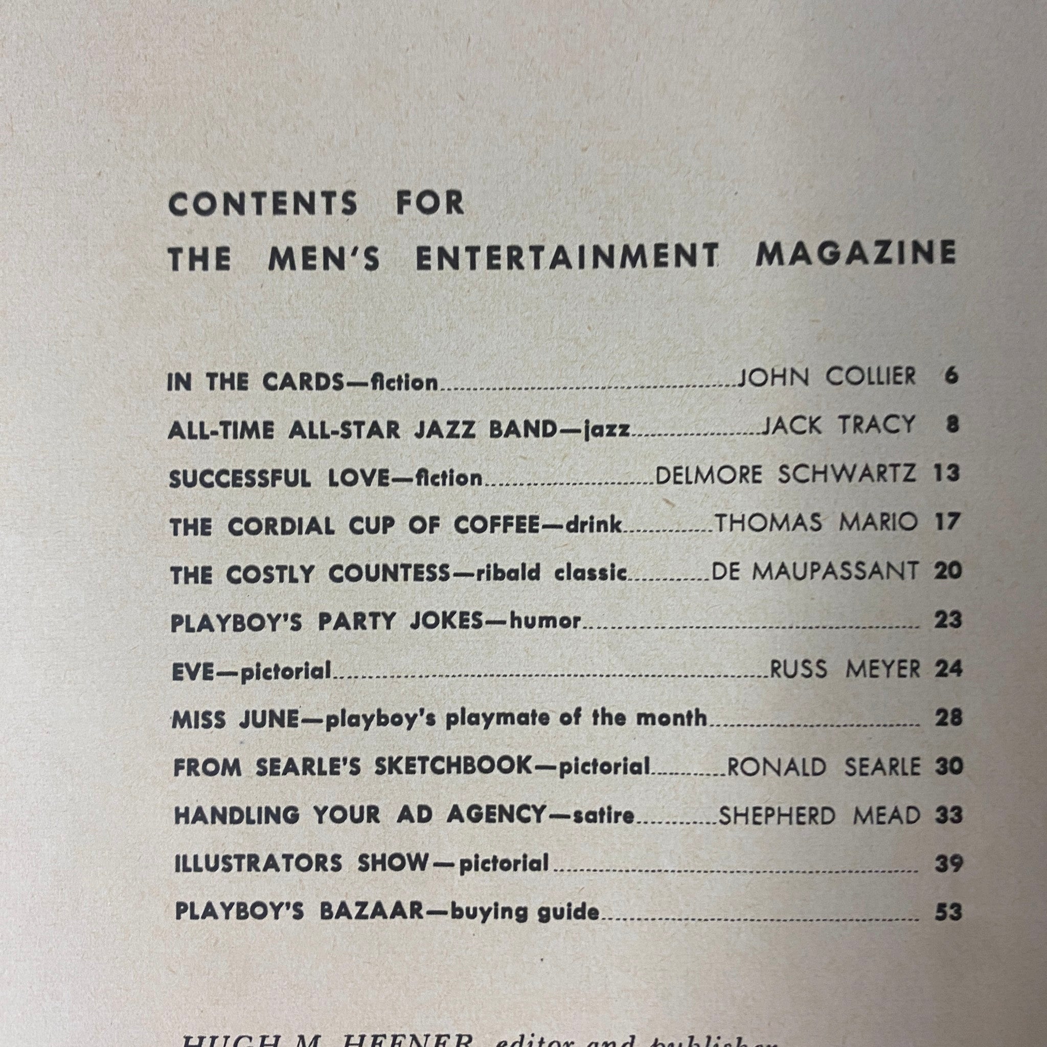 Contents page of Playboy Magazine June 1955, listing articles and features including fiction, humor, and pictorials, emphasizing the magazine's entertainment value.