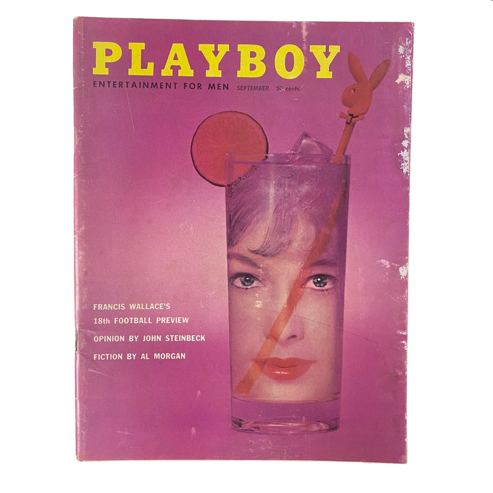 Cover of Playboy Magazine September 1957 featuring Playmate Jacquelyn Prescott, showcasing a vibrant design with a female face and a cocktail illustration.