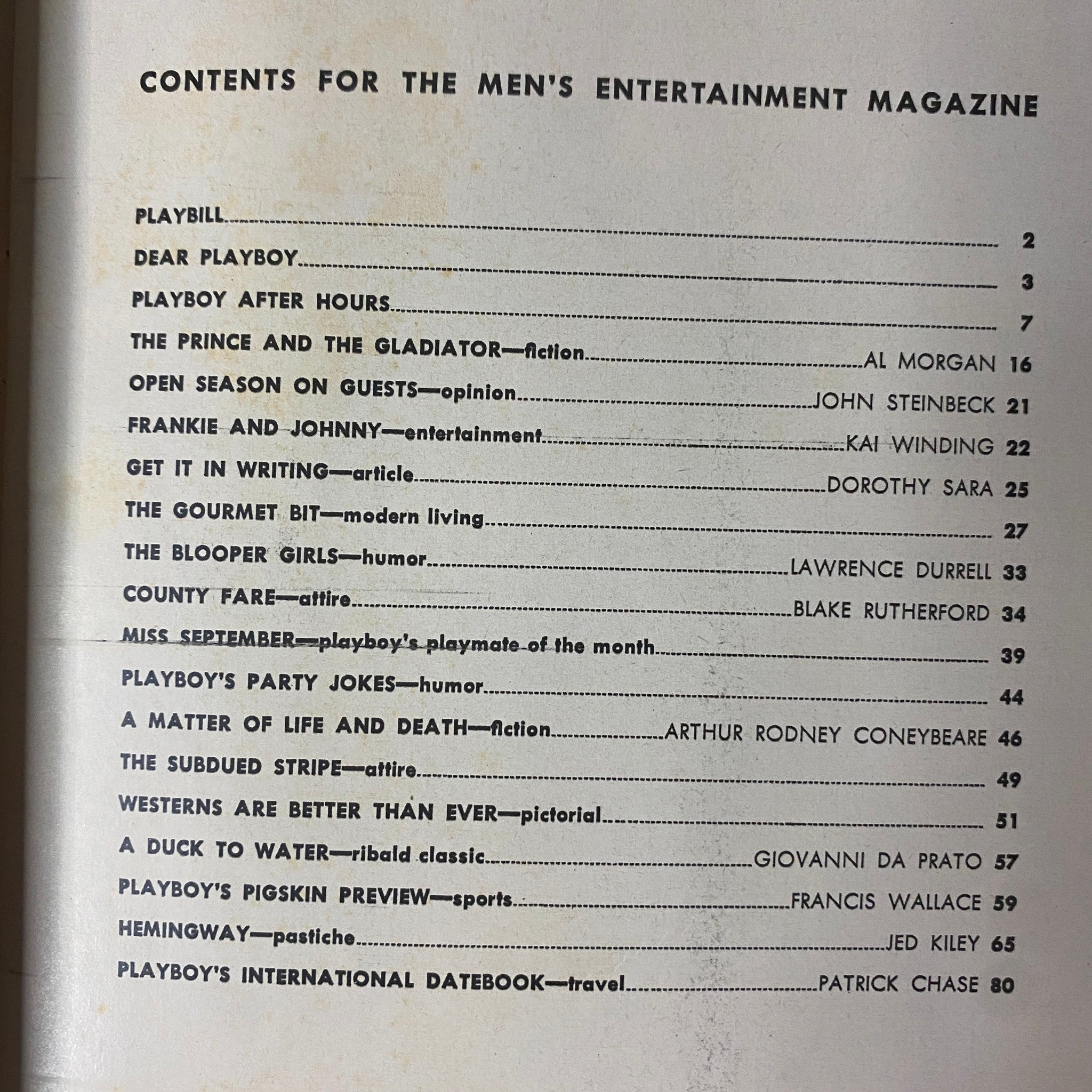 Contents page of Playboy Magazine September 1957 featuring articles, fiction, and the Playmate of the Month, Jacquelyn Prescott.