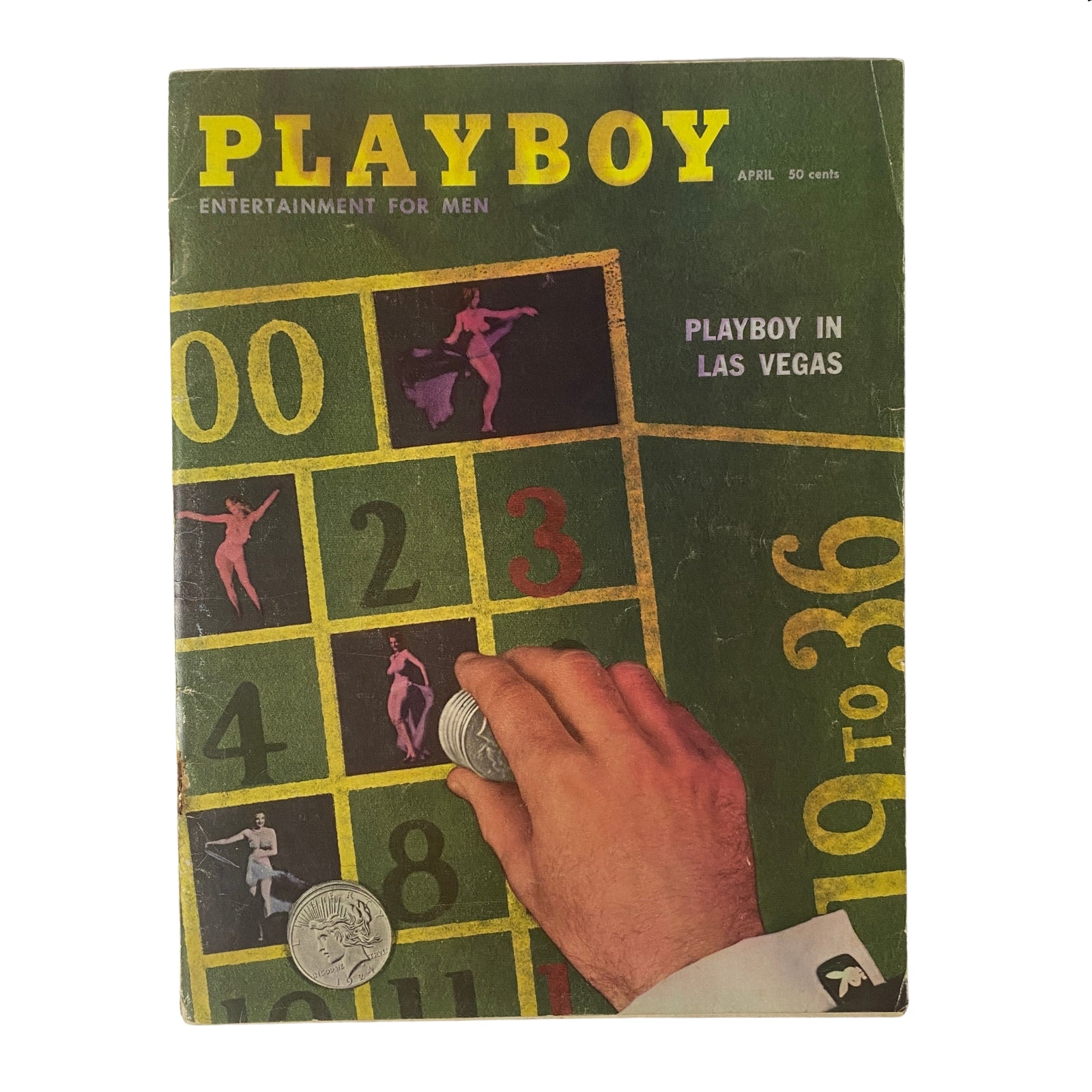 Playboy Magazine April 1958 featuring Playmate Felicia Atkins on the cover, showcasing vibrant artwork of casino-themed imagery and playful graphics.