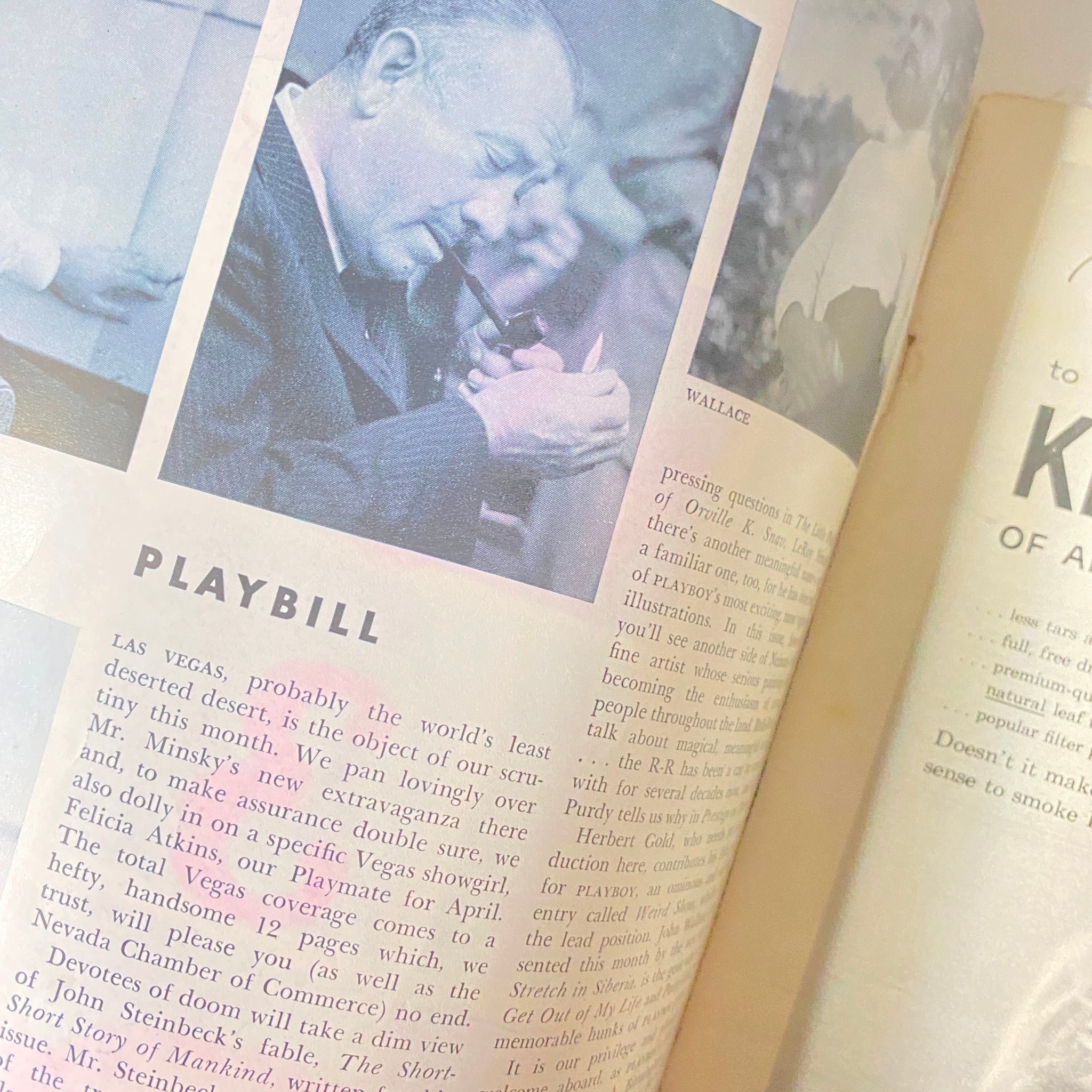 Inside page from Playboy Magazine April 1958 featuring Playbill and John Wallace's article, part of the vintage magazine collection showcasing the allure of 1950s pop culture.