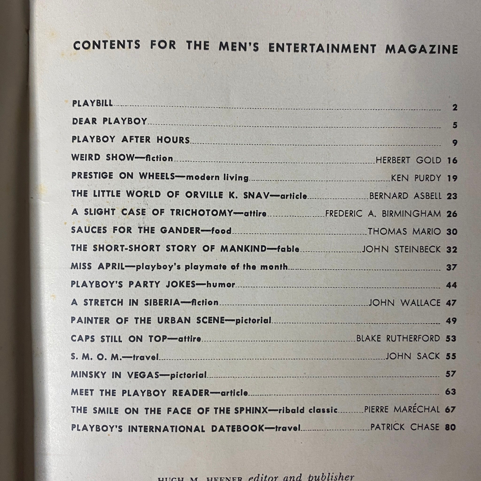Table of contents from Playboy Magazine April 1958, detailing featured articles and stories including John Steinbeck and the Playmate of the Month.