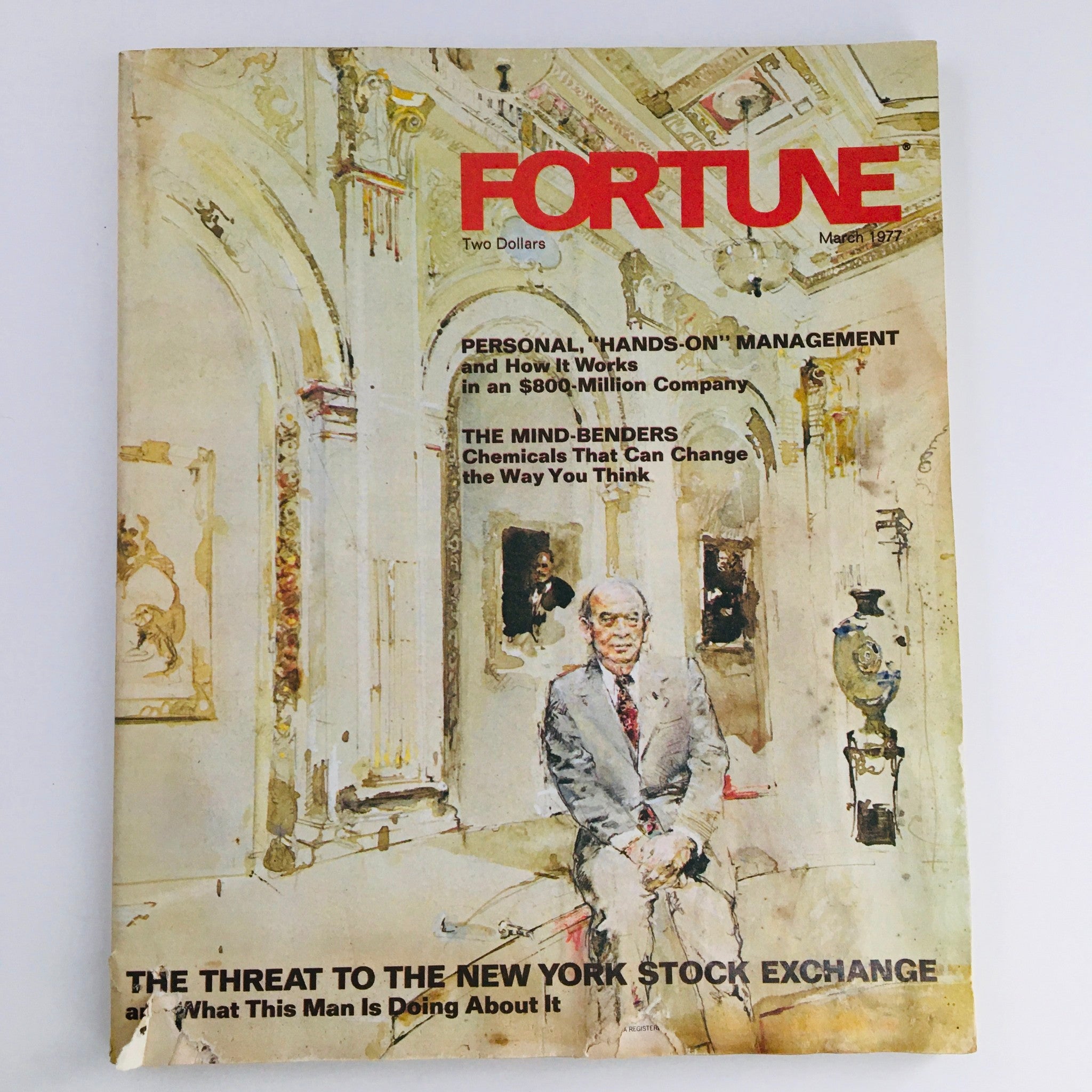 Cover of Fortune Magazine March 1977, featuring the title 'The Threat To The New York Stock Exchange', with artwork depicting a seated man in a gallery setting, alongside promotional texts related to management and mind-bending chemicals.