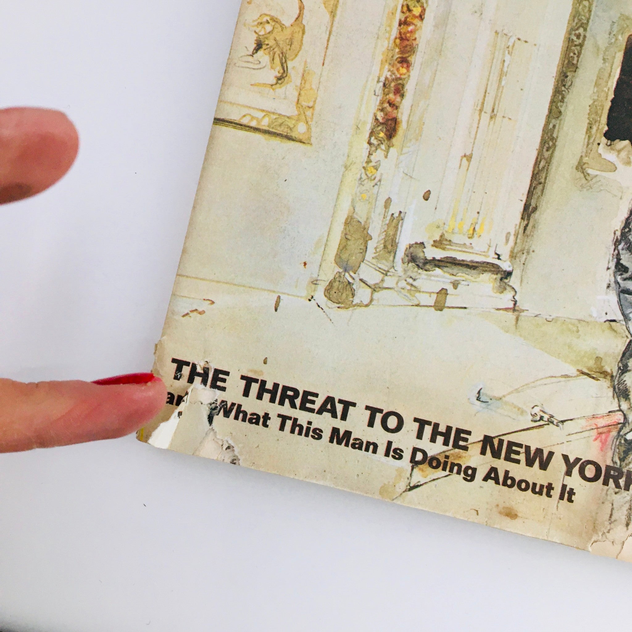 Close-up of the Fortune Magazine March 1977 cover, showing the title 'The Threat To The New York Stock Exchange' with a hand pointing towards the text, capturing worn edges and overall vintage condition.