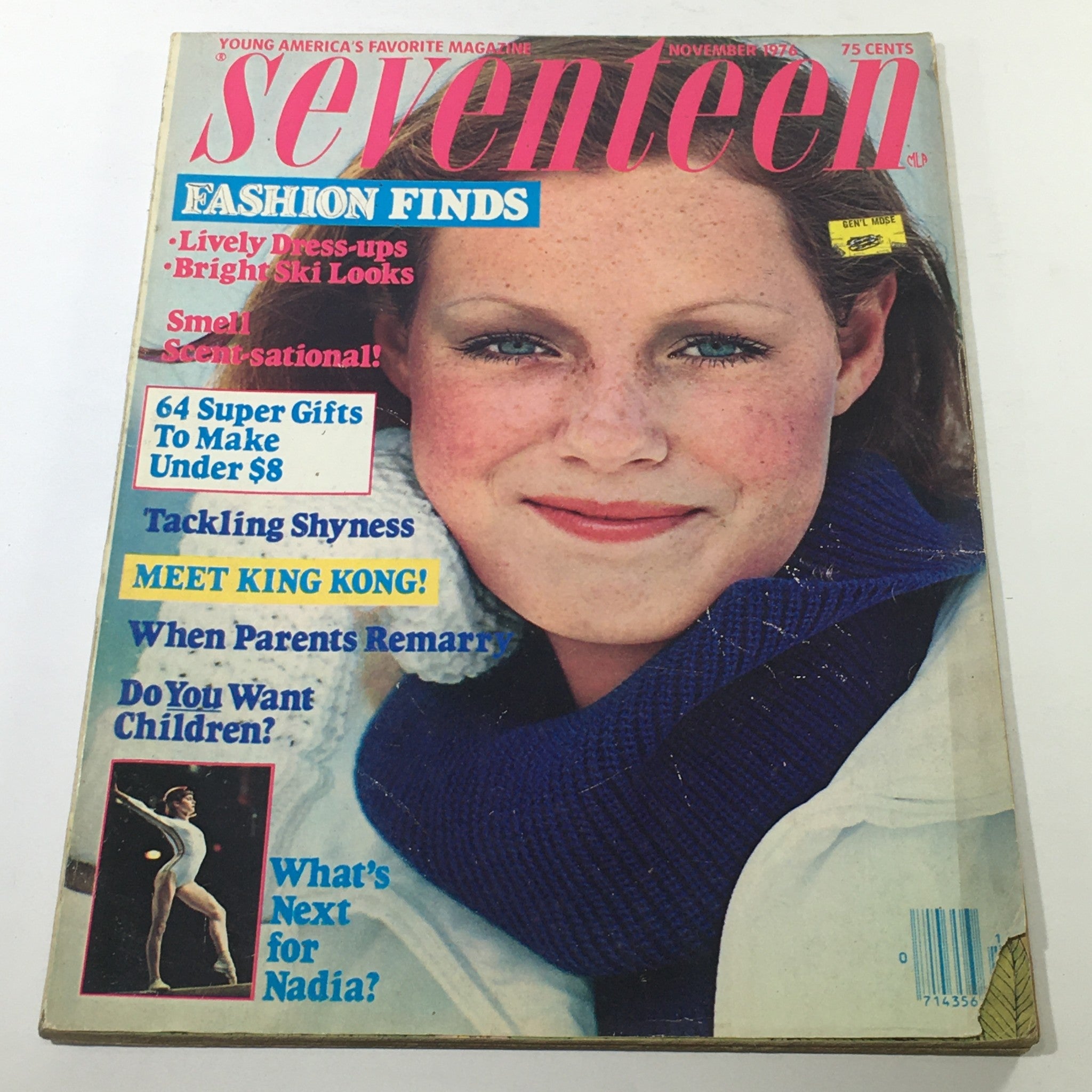 VTG Seventeen Magazine: November 1976 cover featuring Sarah Forristal with bold headlines on fashion finds, tackling shyness, and more, showcasing vintage 1970s teenage culture.