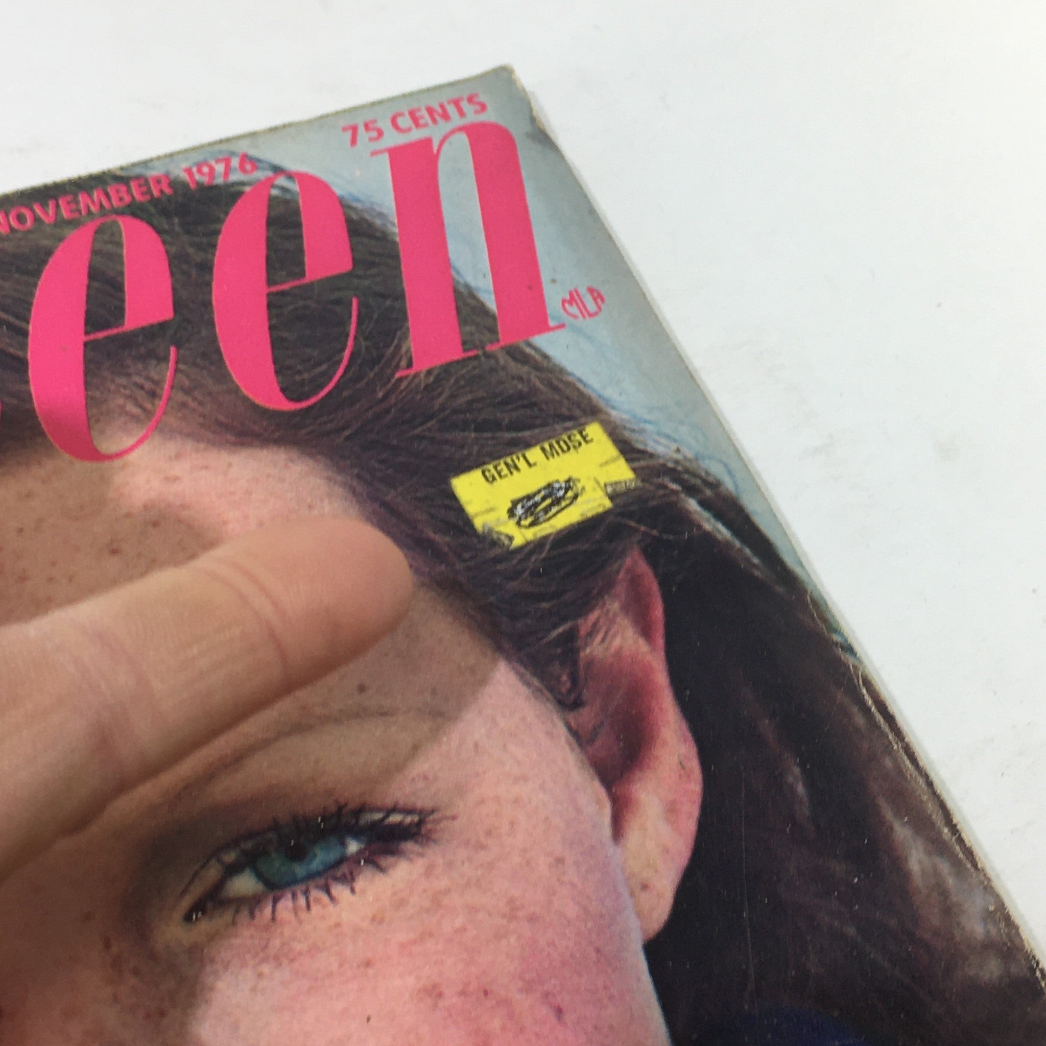 Cover detail of VTG Seventeen Magazine: November 1976 featuring a model with a label on her hair, showcasing 1970s fashion.
