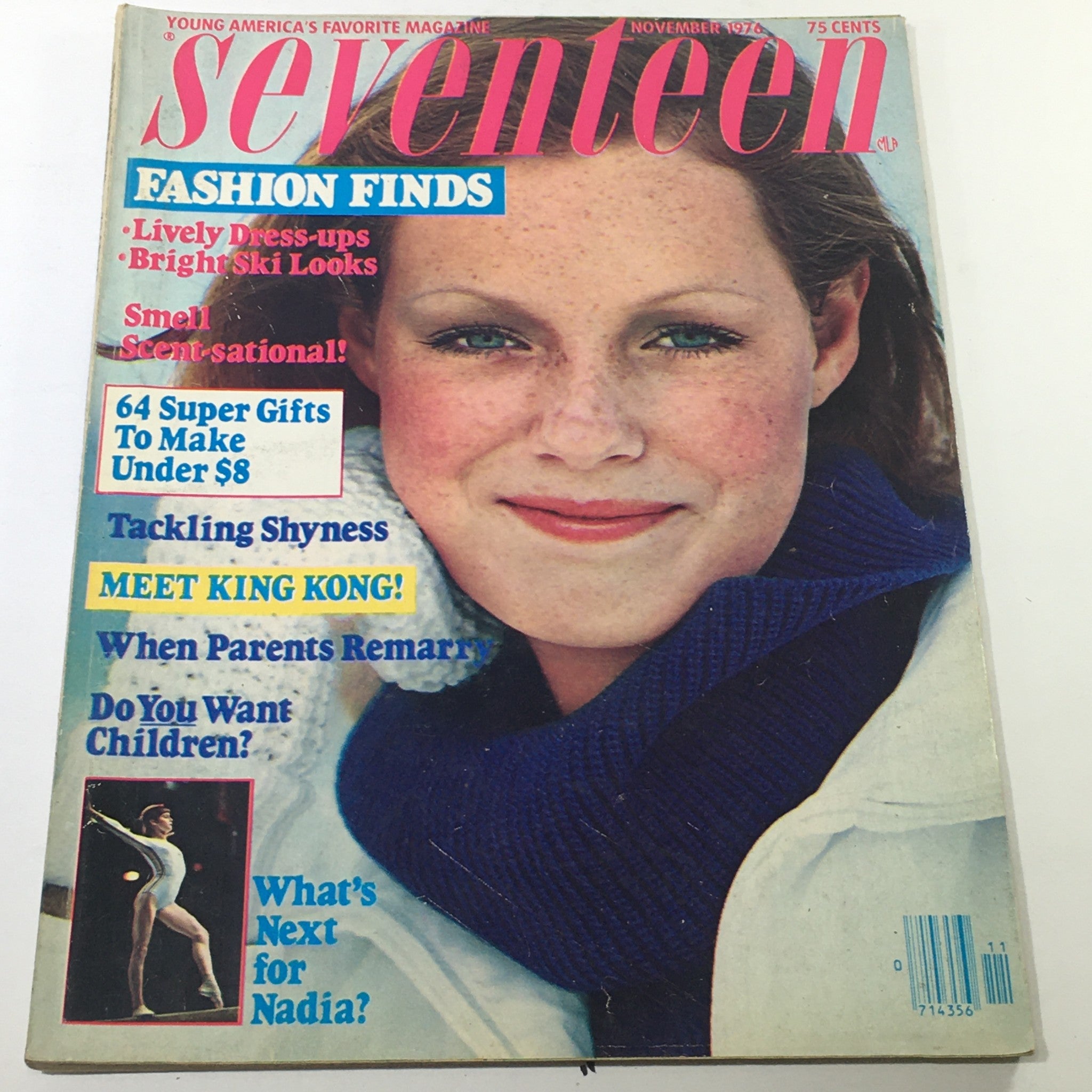 VTG Seventeen Magazine: November 1976 cover featuring Sarah Forristal with headlines on fashion finds, gifts, and topics relevant to young readers.