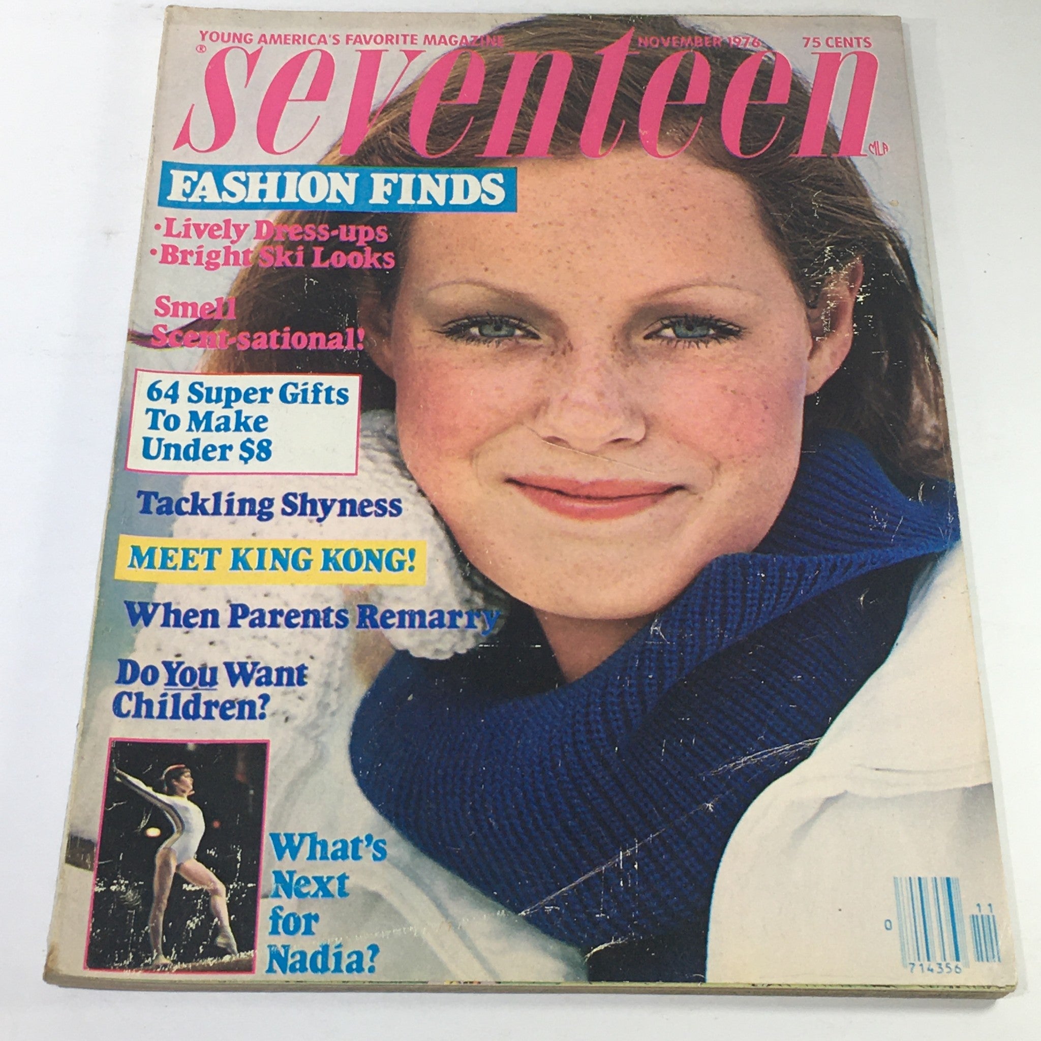 VTG Seventeen Magazine: November 1976 - Sarah Forristal Teen Cover featuring vibrant headlines on fashion finds and youthful themes, showcasing a smiling model in a blue sweater on the cover.