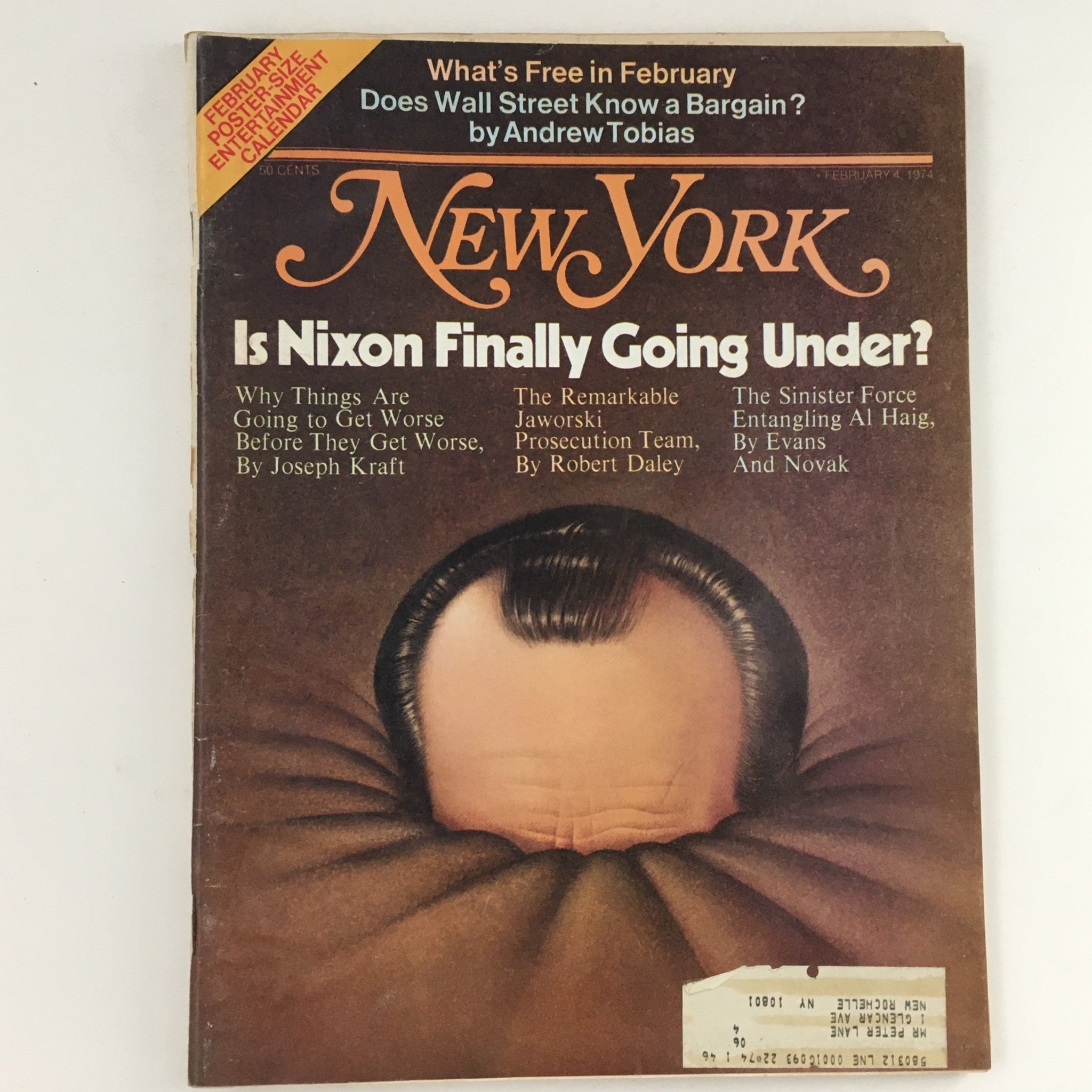 Vintage New York Magazine cover from February 4, 1974, featuring the headline 'Is Nixon Finally Going Under?' The cover includes intriguing articles related to the political climate of the era, reflecting the Watergate scandal and Richard Nixon's presidency.