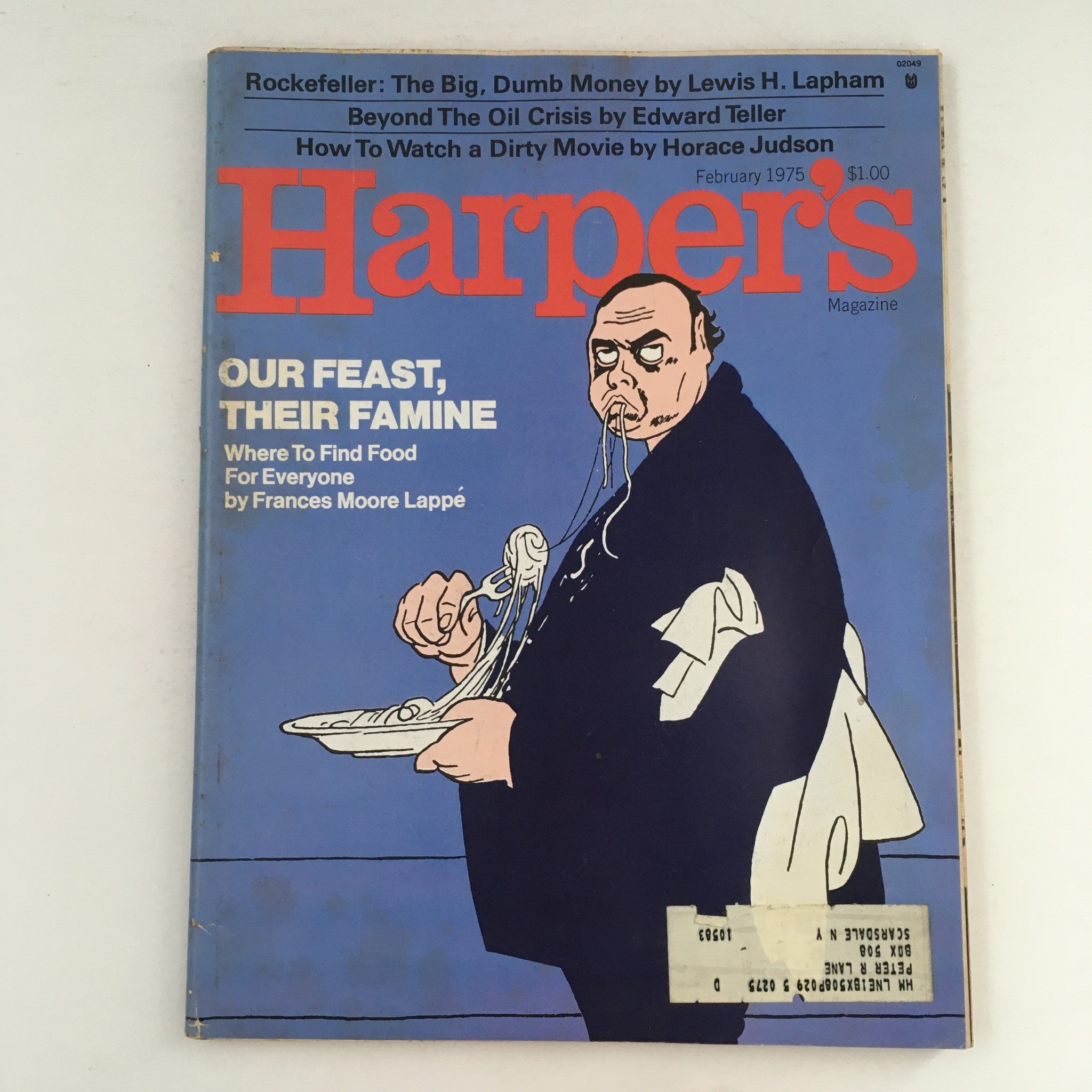 Cover of Harper's Magazine February 1975 featuring the article 'Rockefeller: The Big Dumb Money' by Lewis Lapham, showcasing a humorous illustration related to wealth and food scarcity.