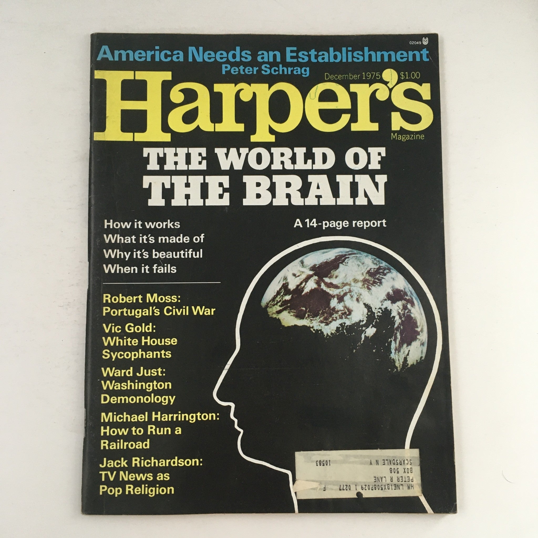 Cover of Harper's Magazine December 1975 featuring the title 'The World of the Brain.' Key topics include neuroscience, features by Robert Moss on Portugal's Civil War, and other notable articles.
