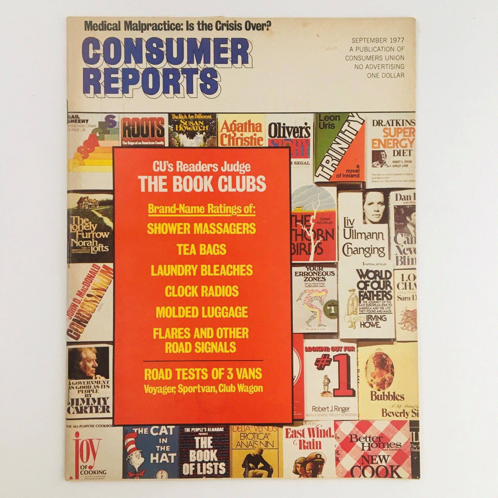 Cover of Consumer Reports Magazine, September 1977 edition, featuring topics on book clubs and medical malpractice, with a colorful layout showcasing various products and ratings.