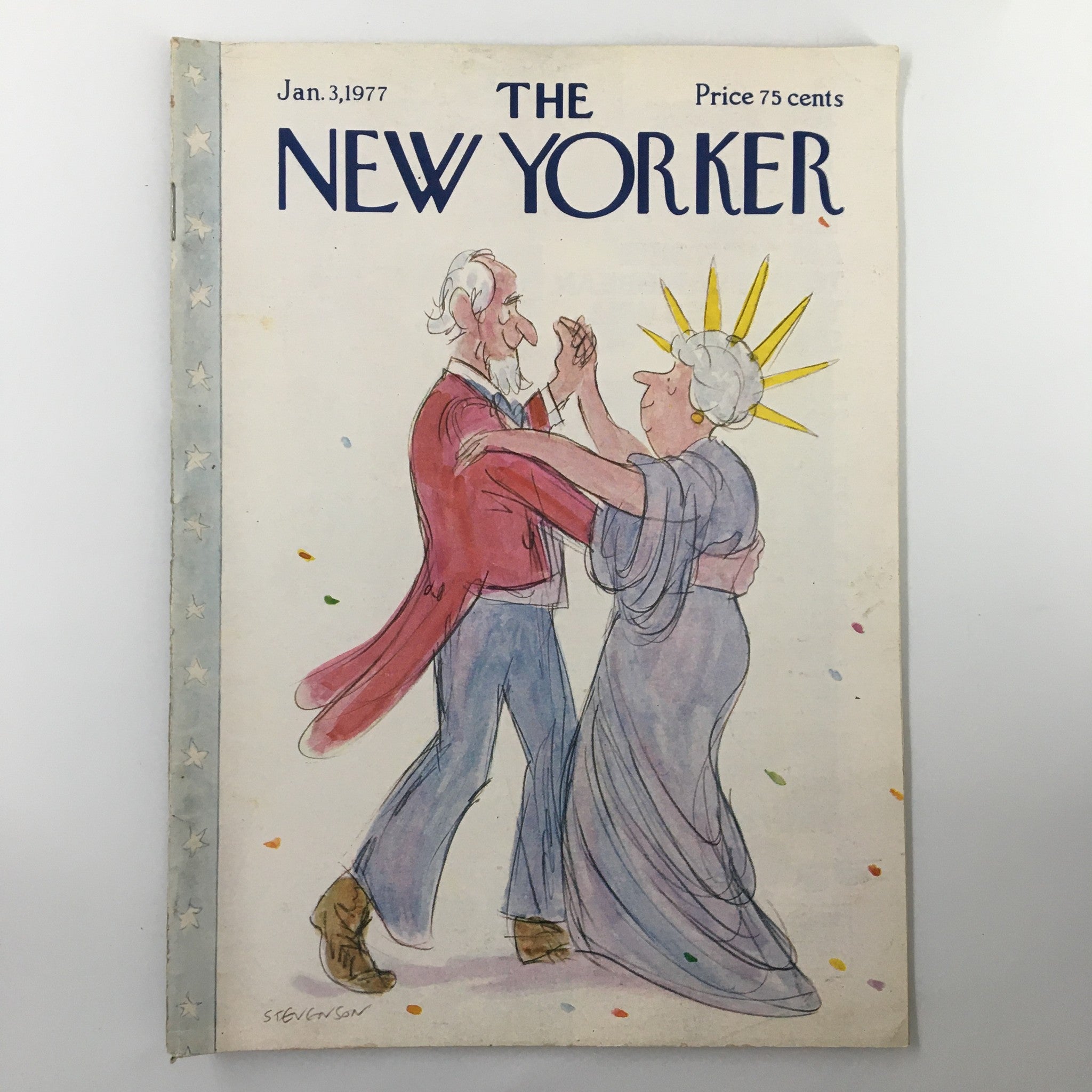 The New Yorker Magazine January 3 1977 cover featuring the illustration 'Abe and Lady Liberty' by James Stevenson, depicting a dance between President Abraham Lincoln and Lady Liberty.