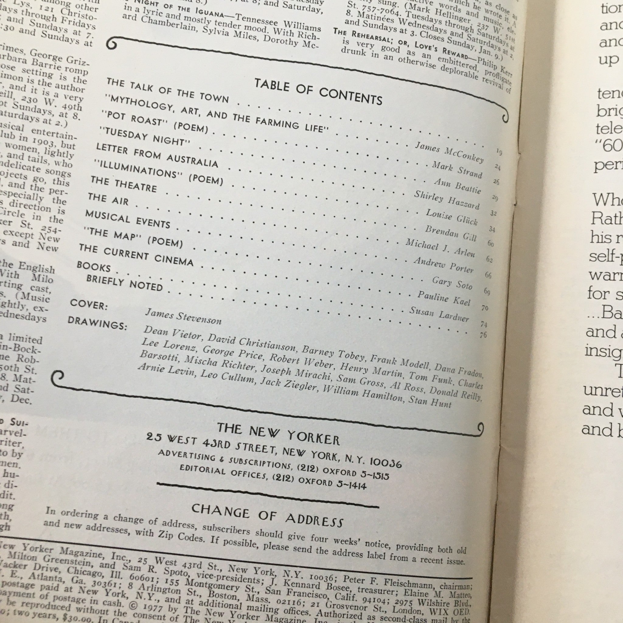 Table of contents page from The New Yorker Magazine January 3 1977, listing featured articles and the artwork by James Stevenson.