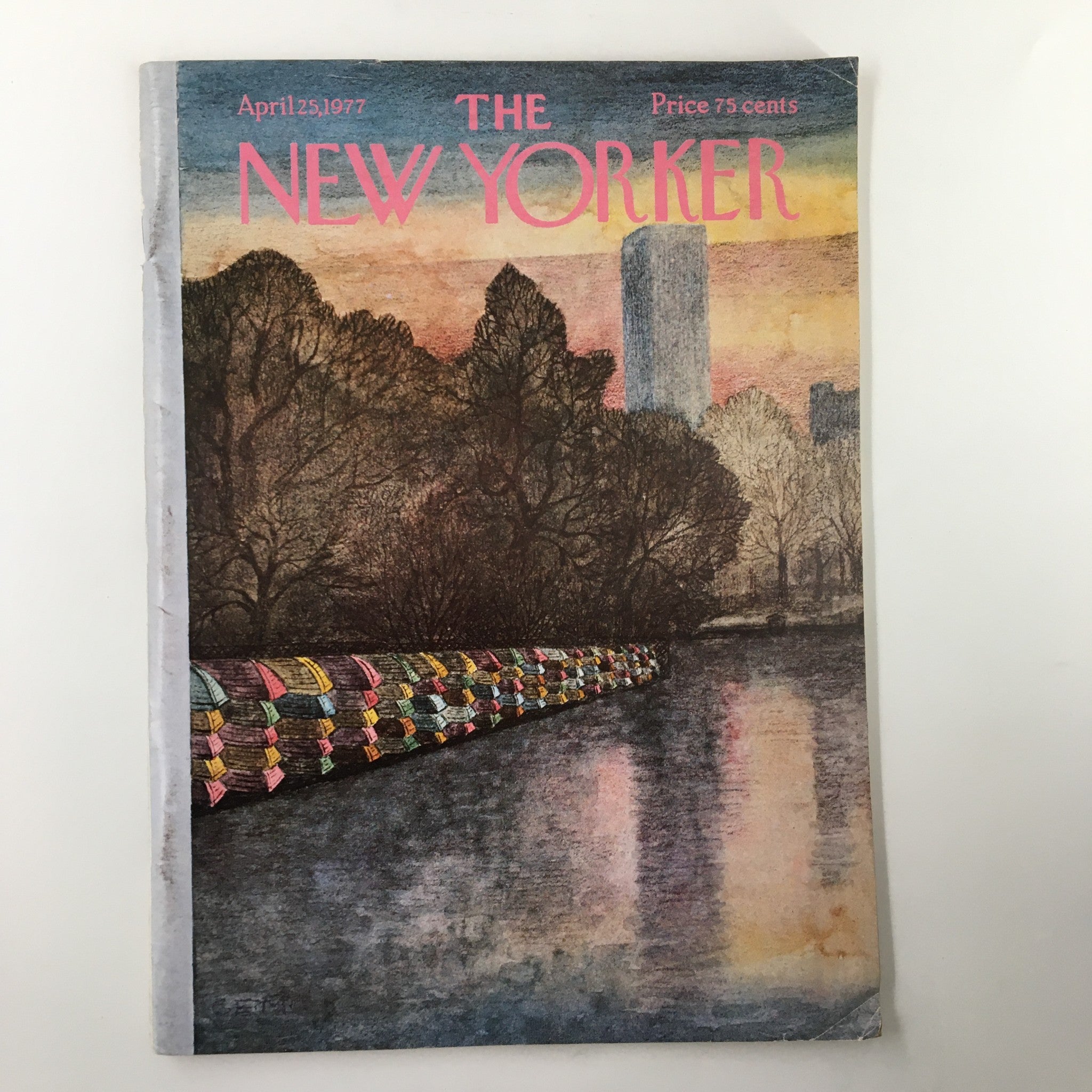 Cover of The New Yorker Magazine dated April 25, 1977, featuring the artwork 'River Boats' by Charles E. Martin, showcasing a serene river scene with colorful patterns alongside the water.