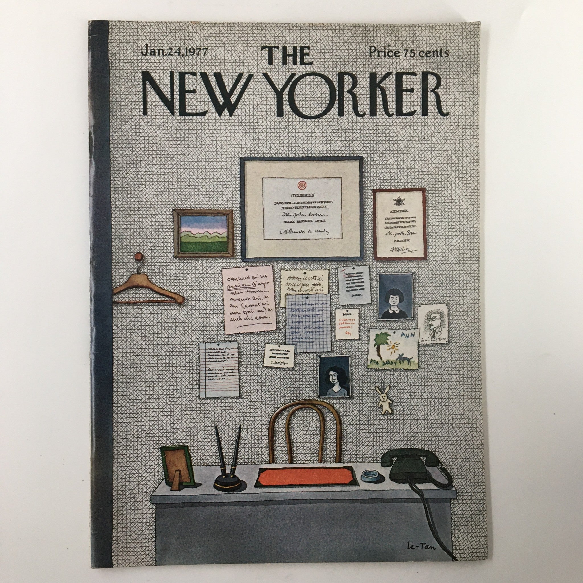 Cover of The New Yorker Magazine January 24, 1977 featuring 'Office Desk' illustration by Pierre Le-Tan, showcasing a vintage office scene with notes and art on the wall.