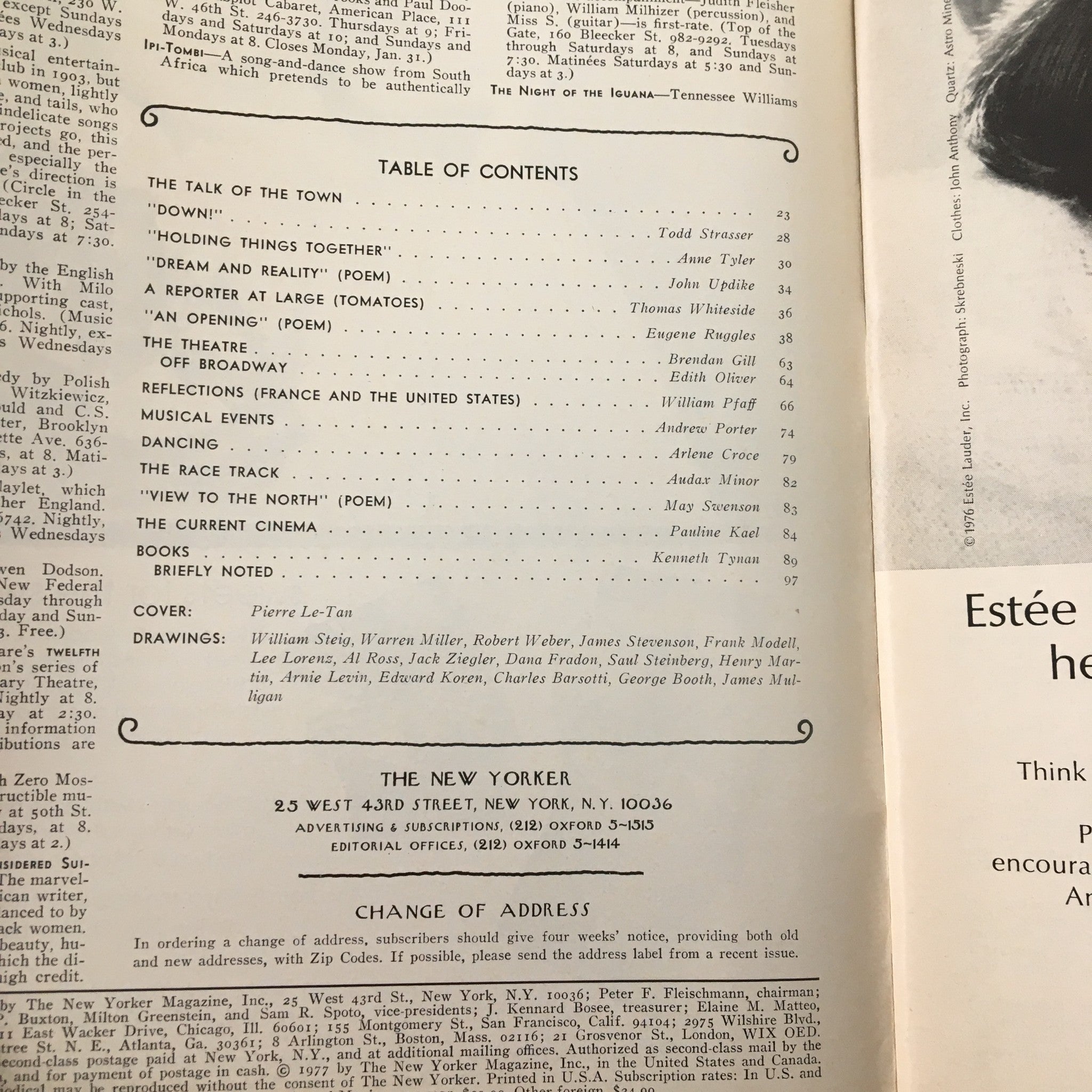 Inside page of The New Yorker Magazine January 24, 1977 displaying the table of contents, highlighting the cover artist Pierre Le-Tan and various articles within the issue.