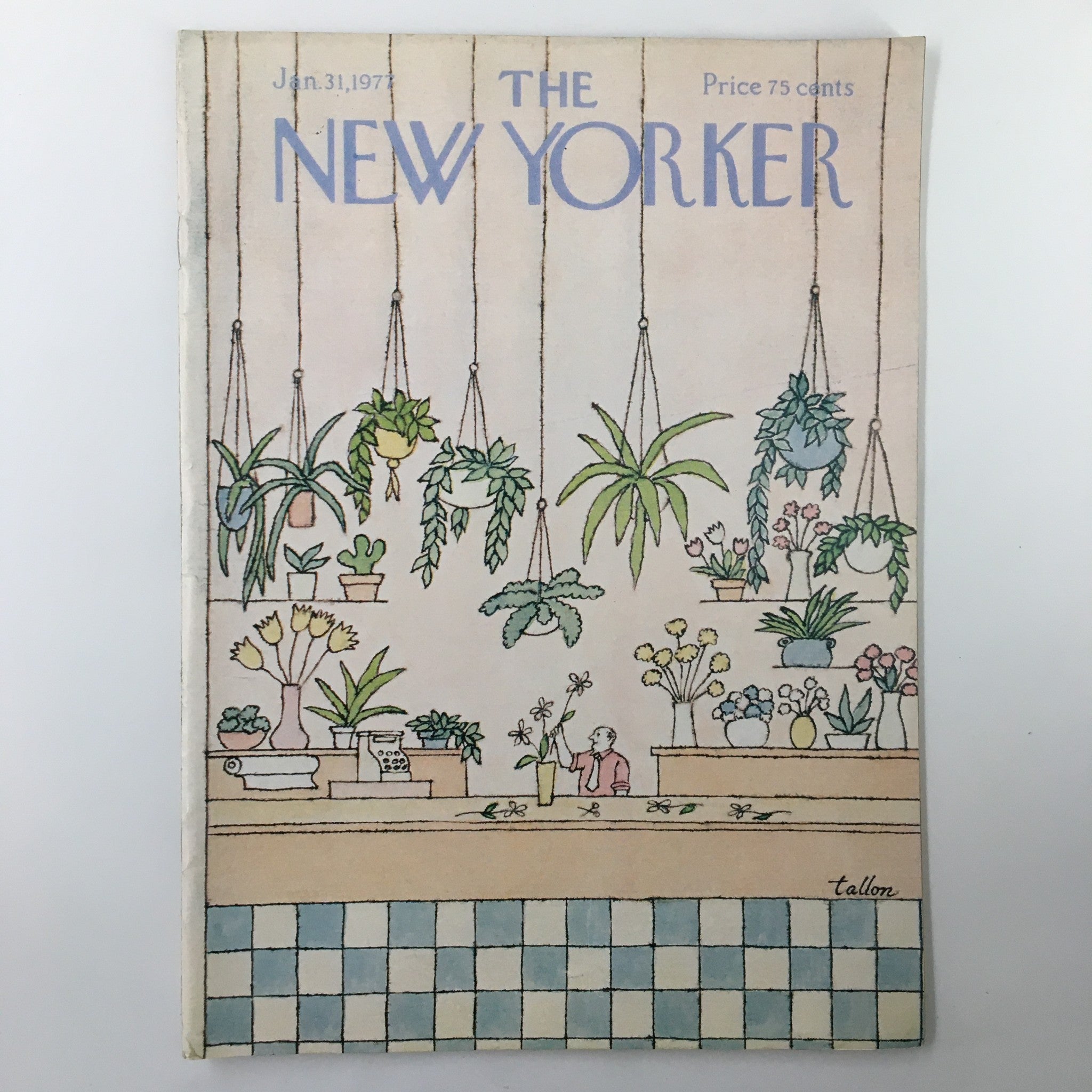 Cover of The New Yorker Magazine January 31, 1977 featuring a whimsical illustration of hanging plants and a figure amid floral arrangements by Robert Tallon.