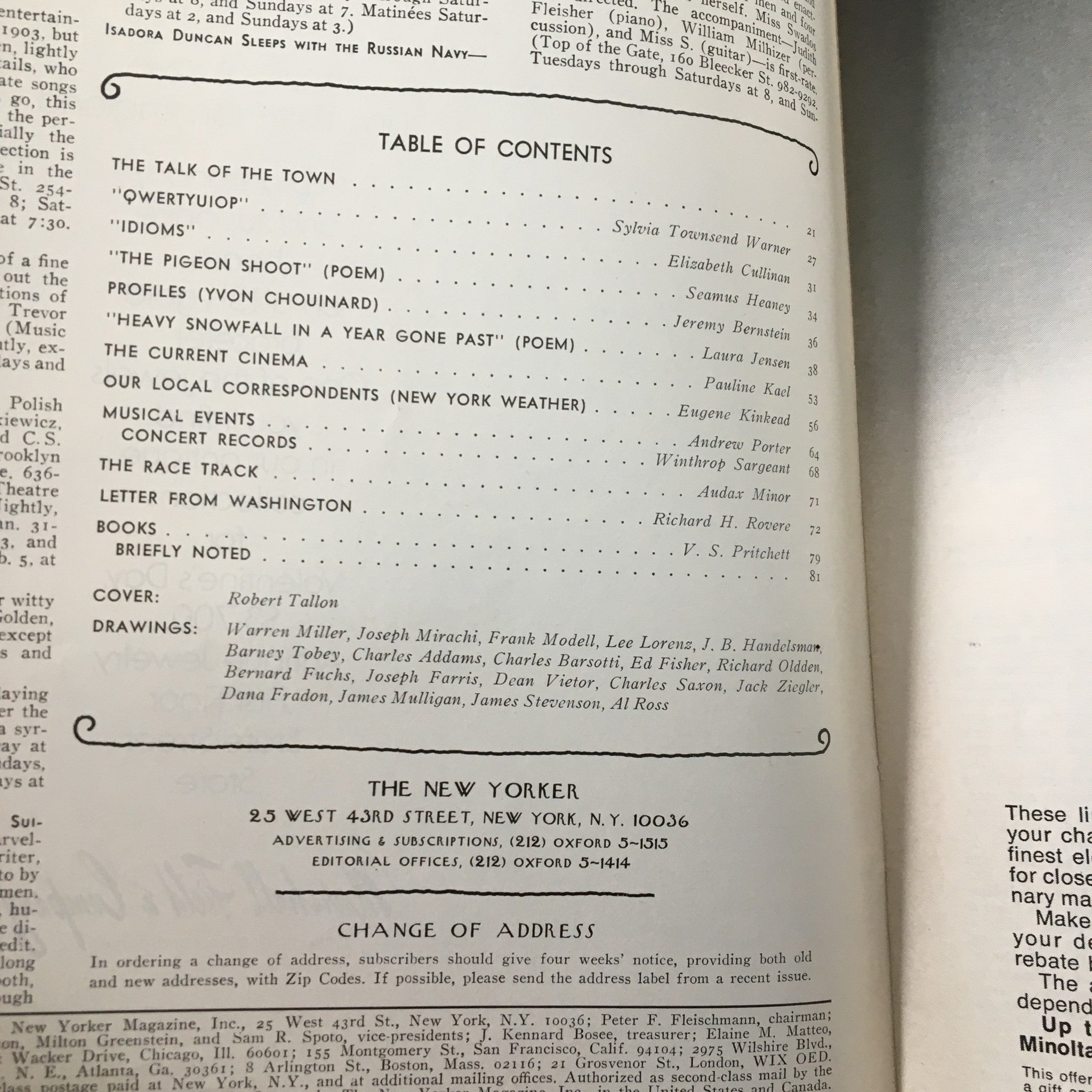 Table of contents of The New Yorker Magazine January 31, 1977, highlighting articles and features including the cover by Robert Tallon.