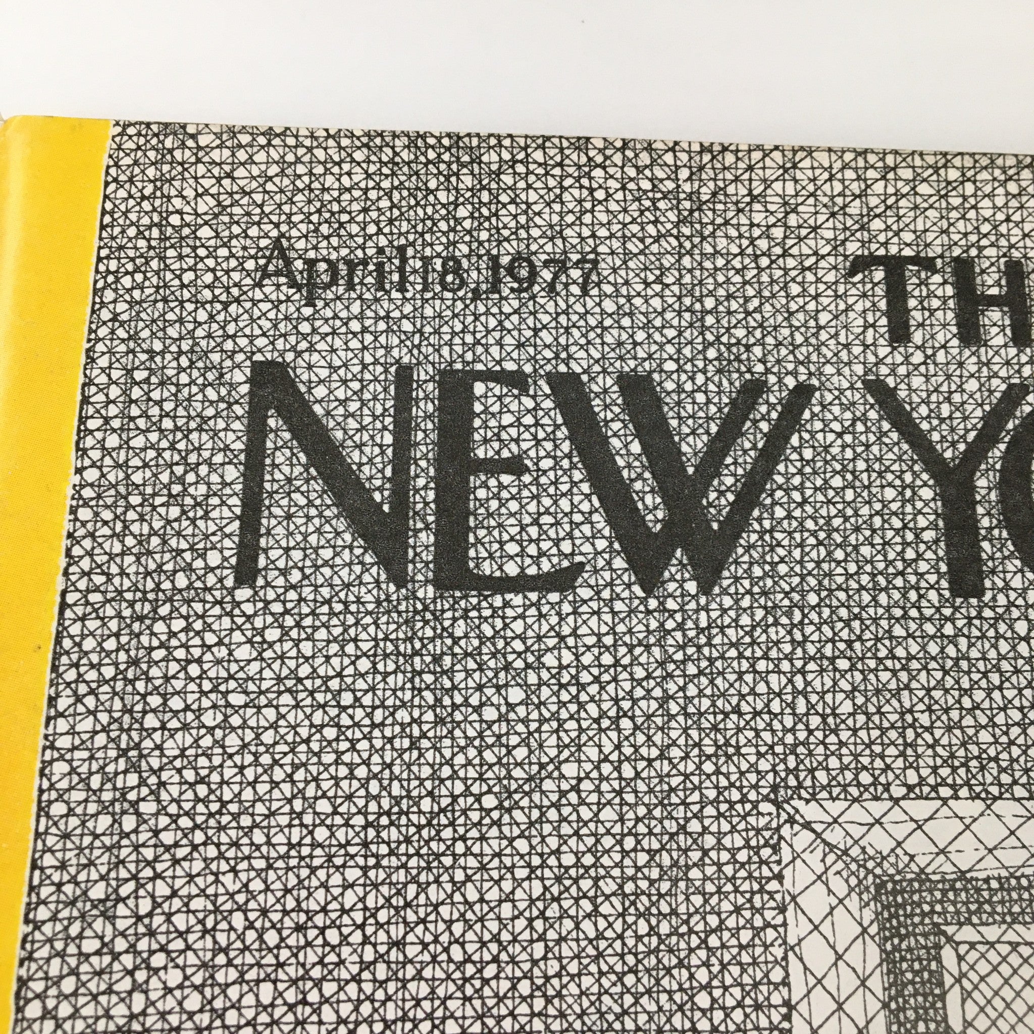Cover of The New Yorker Magazine from April 18, 1977 featuring the title 'NEW YORKER' in bold text, designed with intricate black and white patterns.