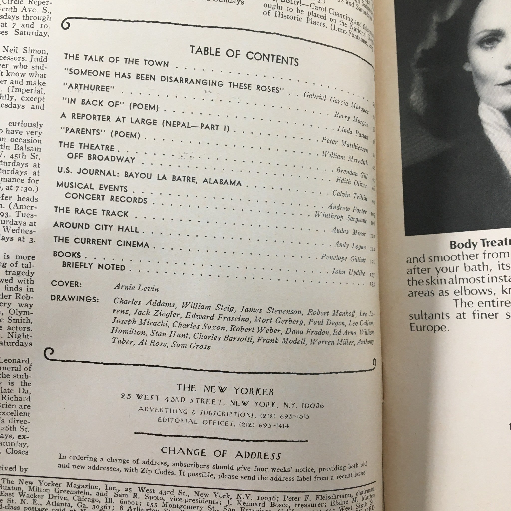 The New Yorker Magazine March 27 1978 interior page showing the table of contents, highlighting articles and drawings, with a cover design by Arnie Levin.