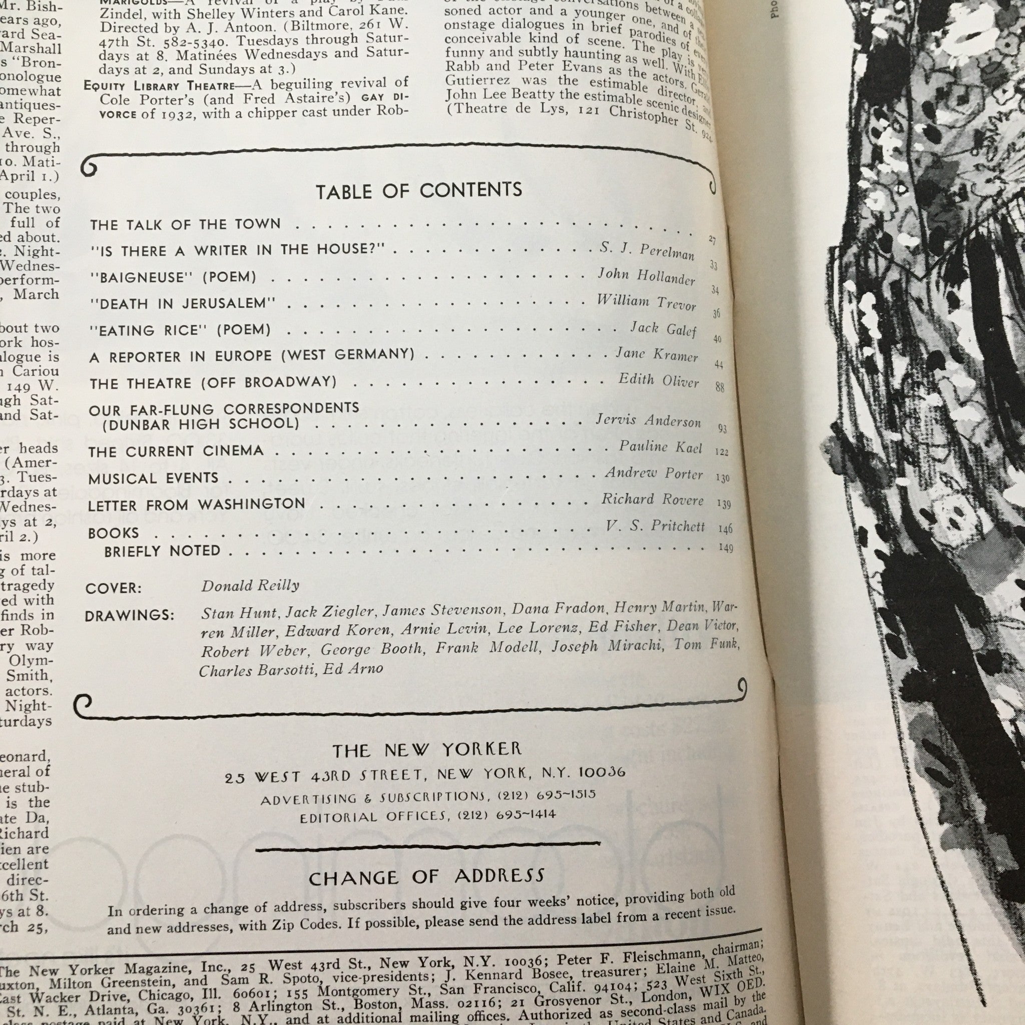 Interior page of The New Yorker Magazine March 20 1978 showing the Table of Contents, highlighting articles and illustrations, including the cover art by Donald Reilly.