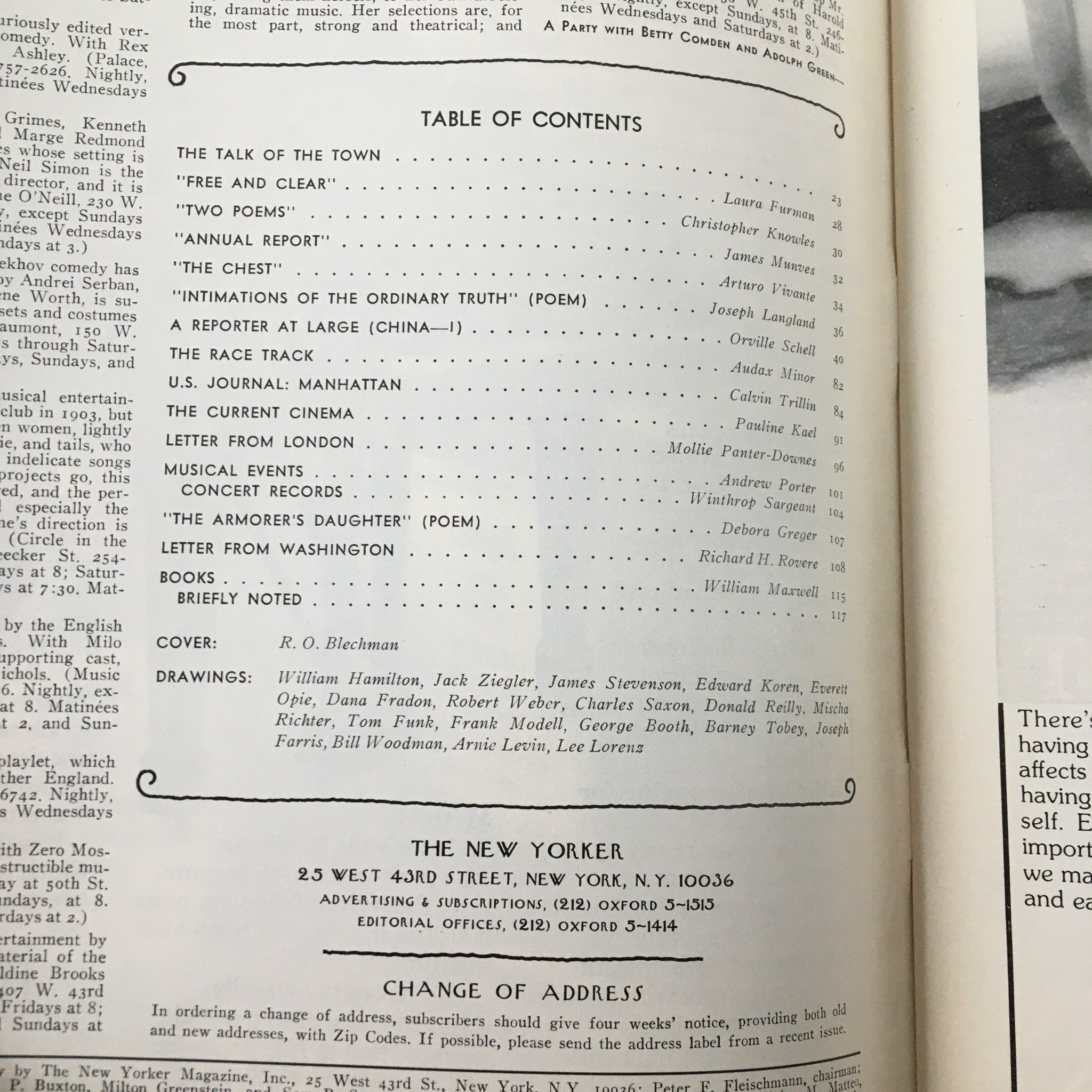 Table of contents page from The New Yorker Magazine March 7 1977, highlighting contributions and articles, with cover art by R. O. Blechman noted.