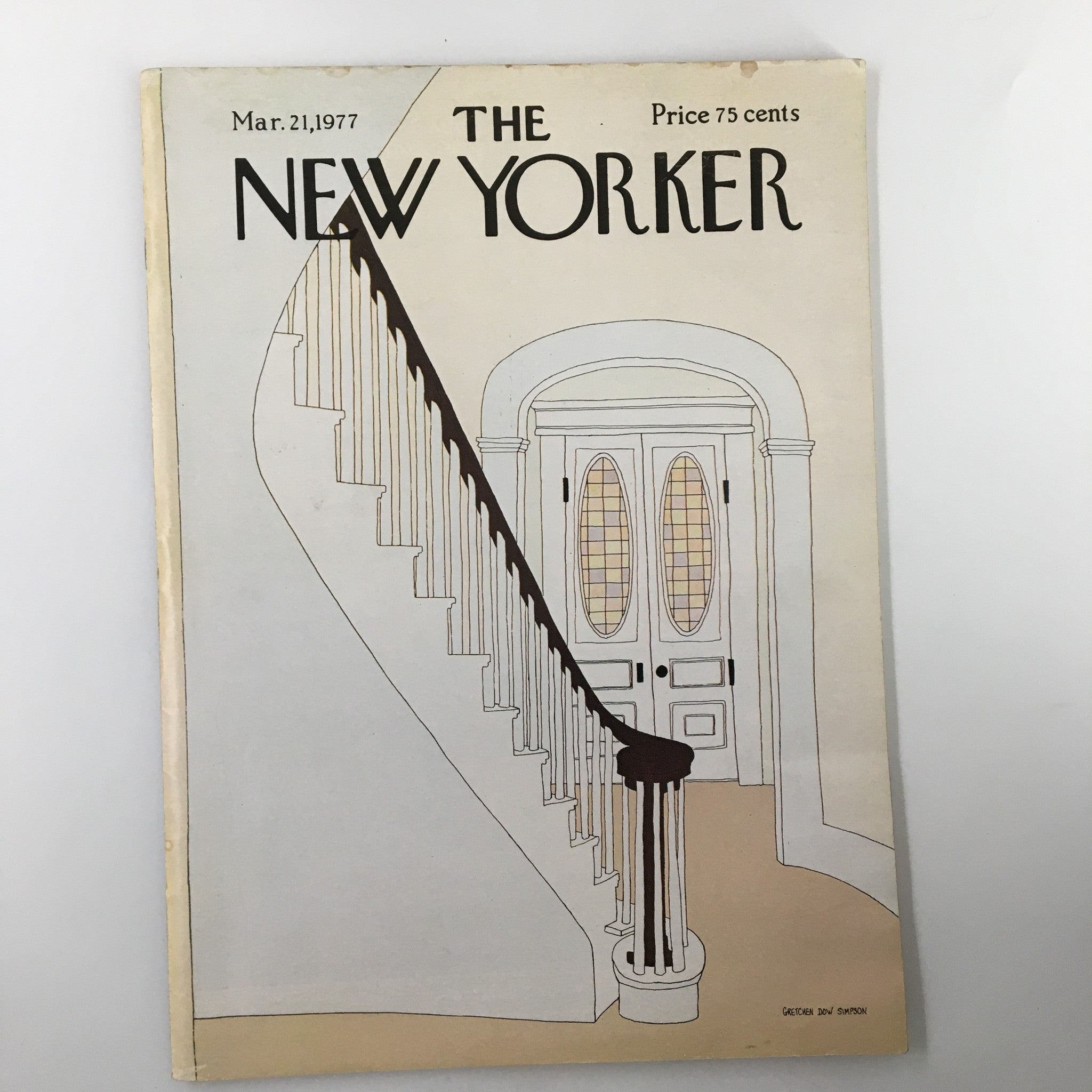 Cover of The New Yorker Magazine March 21 1977 featuring an artistic illustration of a staircase, symbolizing the literary essence of the era.