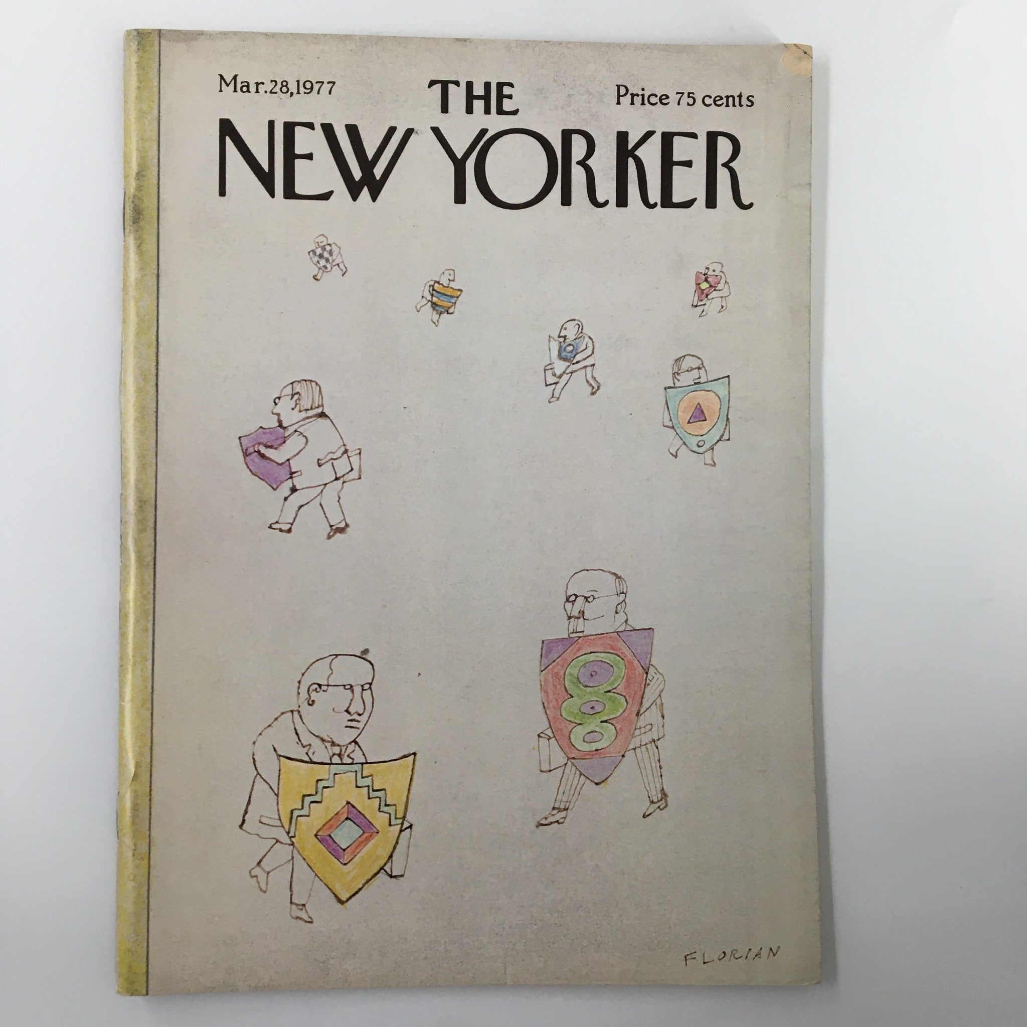 Cover of The New Yorker Magazine from March 28, 1977, featuring illustrations by Douglas Florian depicting characters with shields, highlighting the theme of 'Fight and Defense.'
