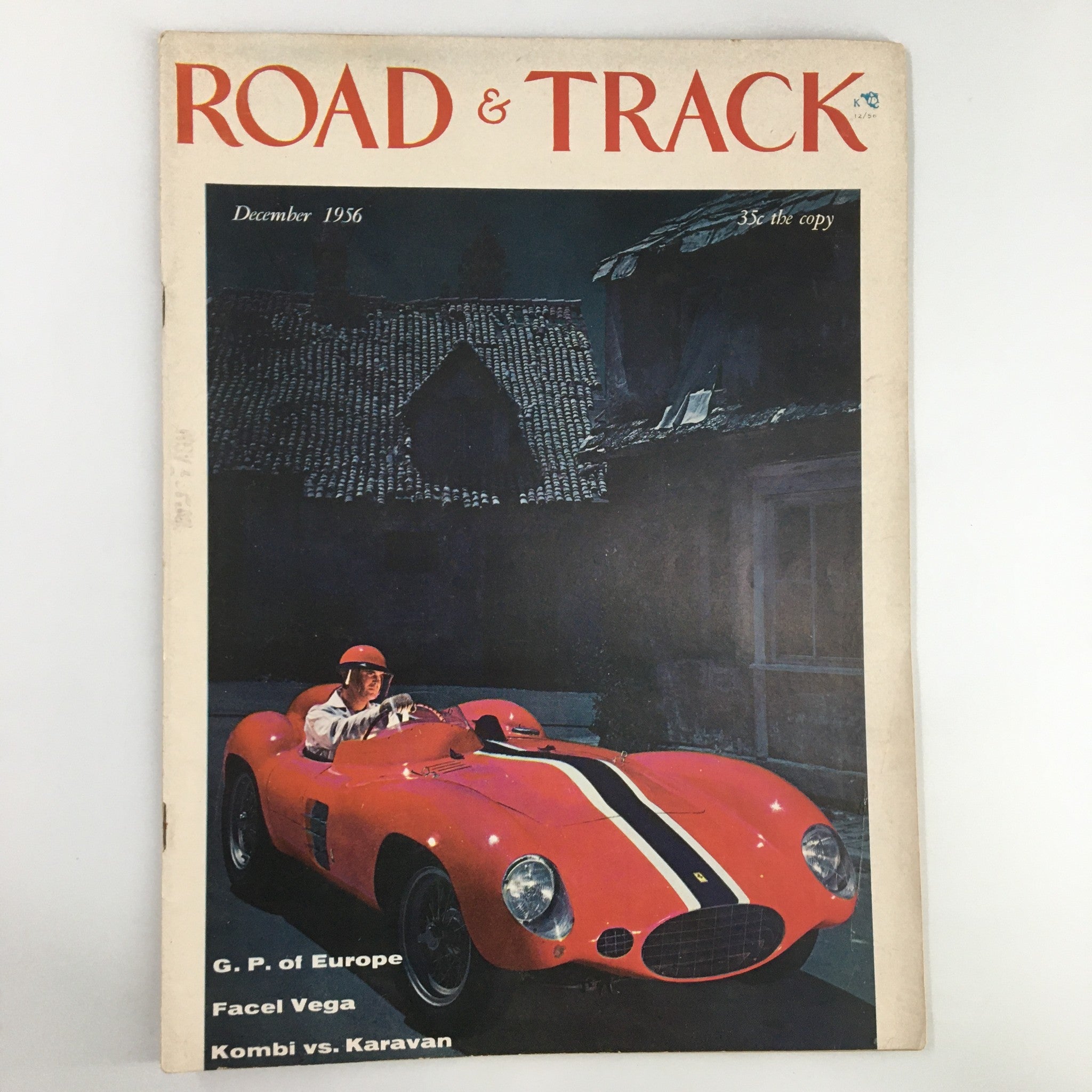VTG Road & Track Magazine December 1956 featuring a classic Facel Vega Kombi vs Karavan comparison, showcasing the vintage automotive culture.