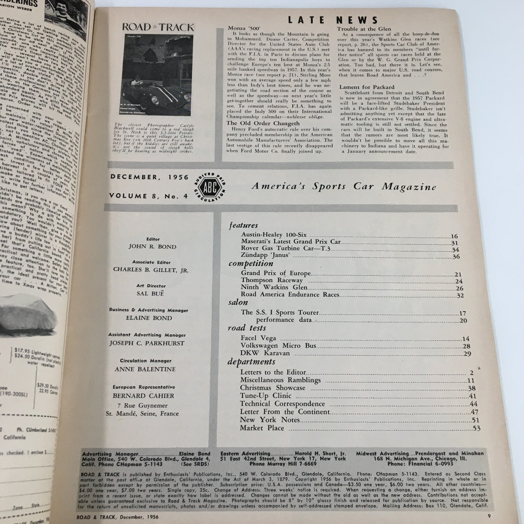 Inside page of VTG Road & Track Magazine December 1956 displaying the contents and features of the issue, highlighting Facel Vega and Karavan.