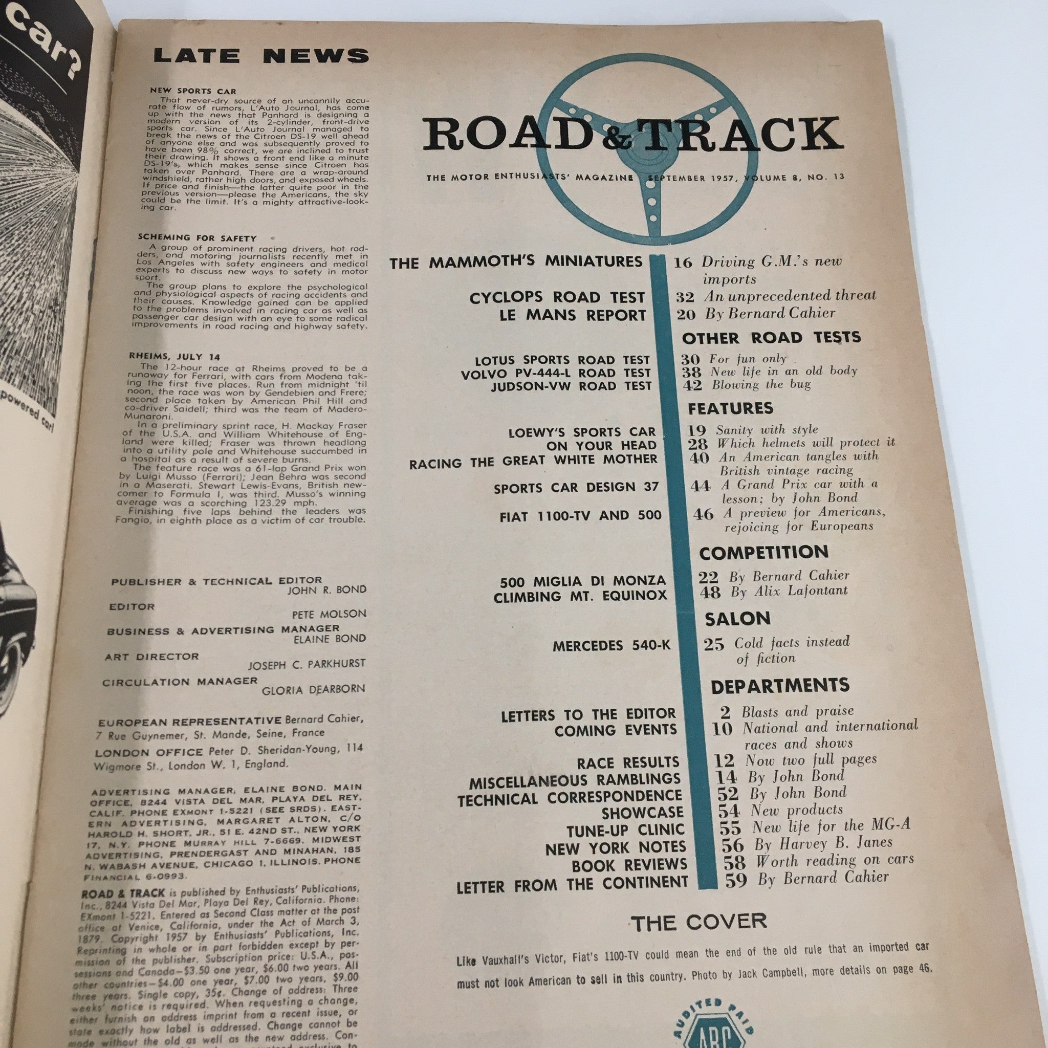 Inside page of VTG Road & Track Magazine September 1957 featuring an article titled 'The Mammoth's Miniatures' along with various road tests and features.