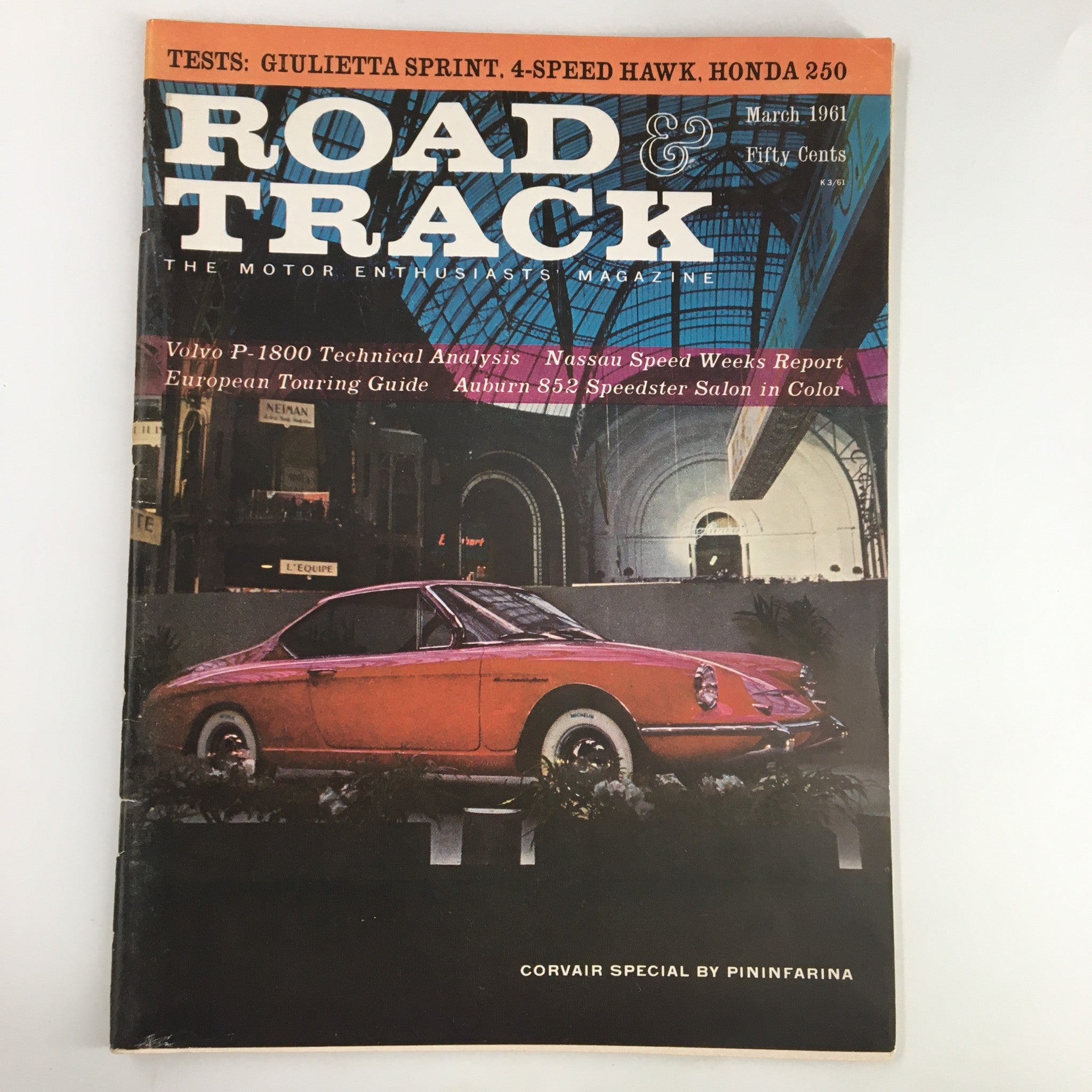 Cover of VTG Road & Track Magazine March 1961 featuring a Corvair Special by Pininfarina, showcasing classic automotive design with vibrant visuals.