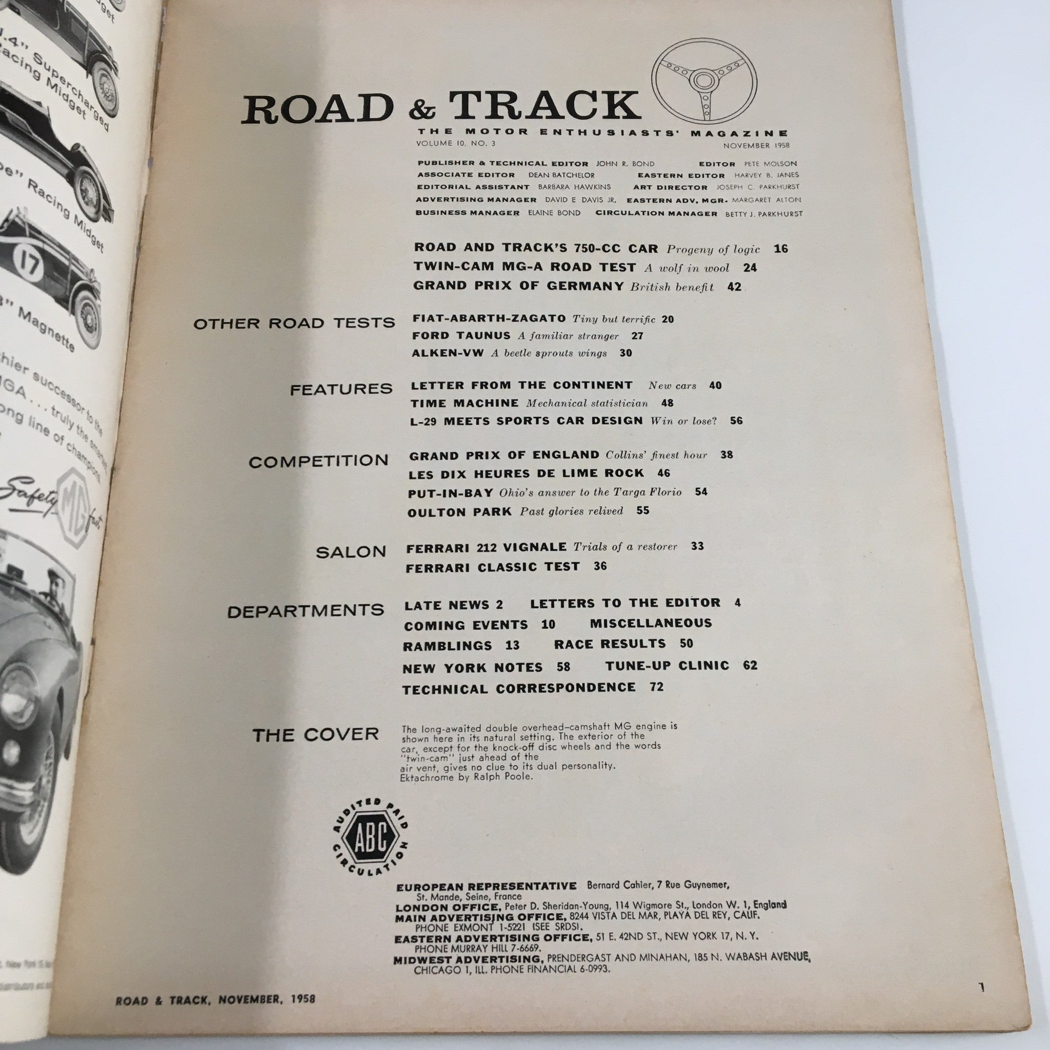Contents page of VTG Road & Track Magazine November 1958 showcasing various automotive articles, including road tests and features of classic cars.