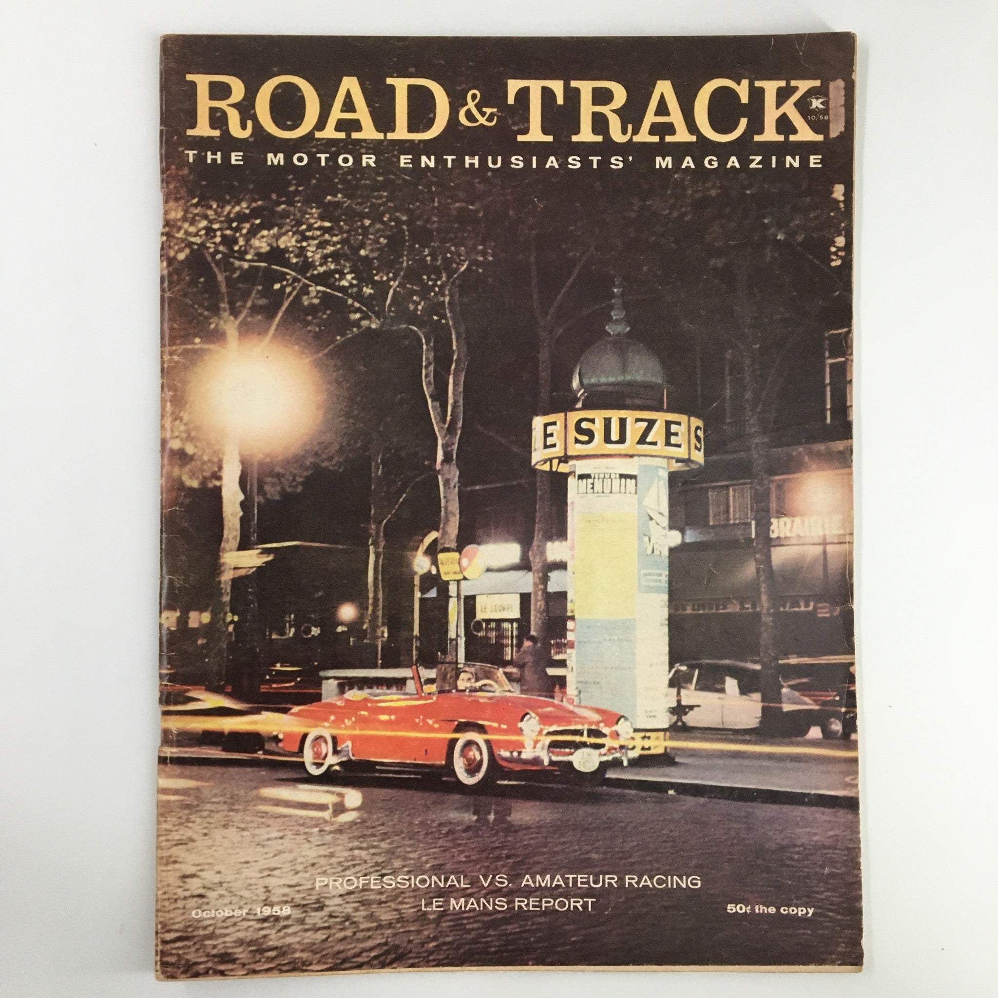 VTG Road & Track Magazine October 1958 cover featuring a classic car and a nighttime scene, themed 'Professionals vs Amateur Racing'.