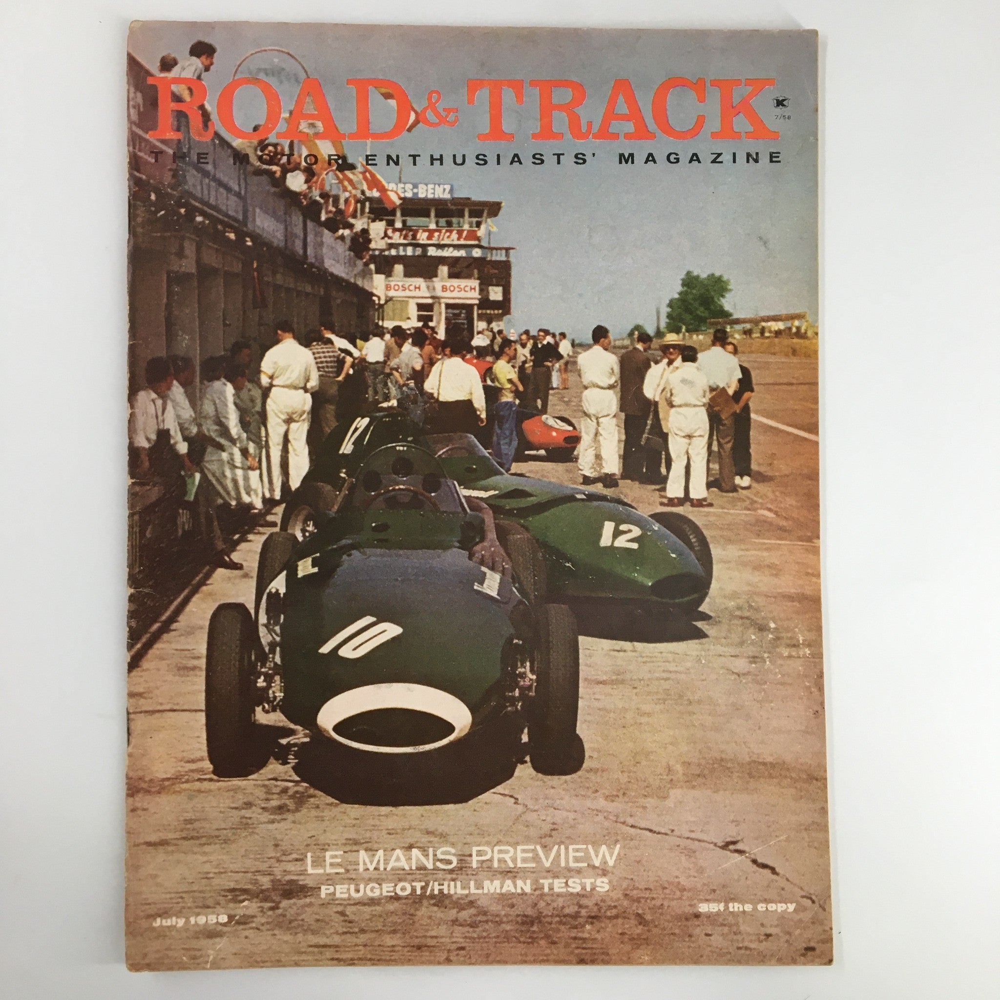 VTG Road & Track Magazine July 1958 featuring a preview of Le Mans with Peugeot and Hillman tests displayed on the cover showcasing classic cars and racing spectators.