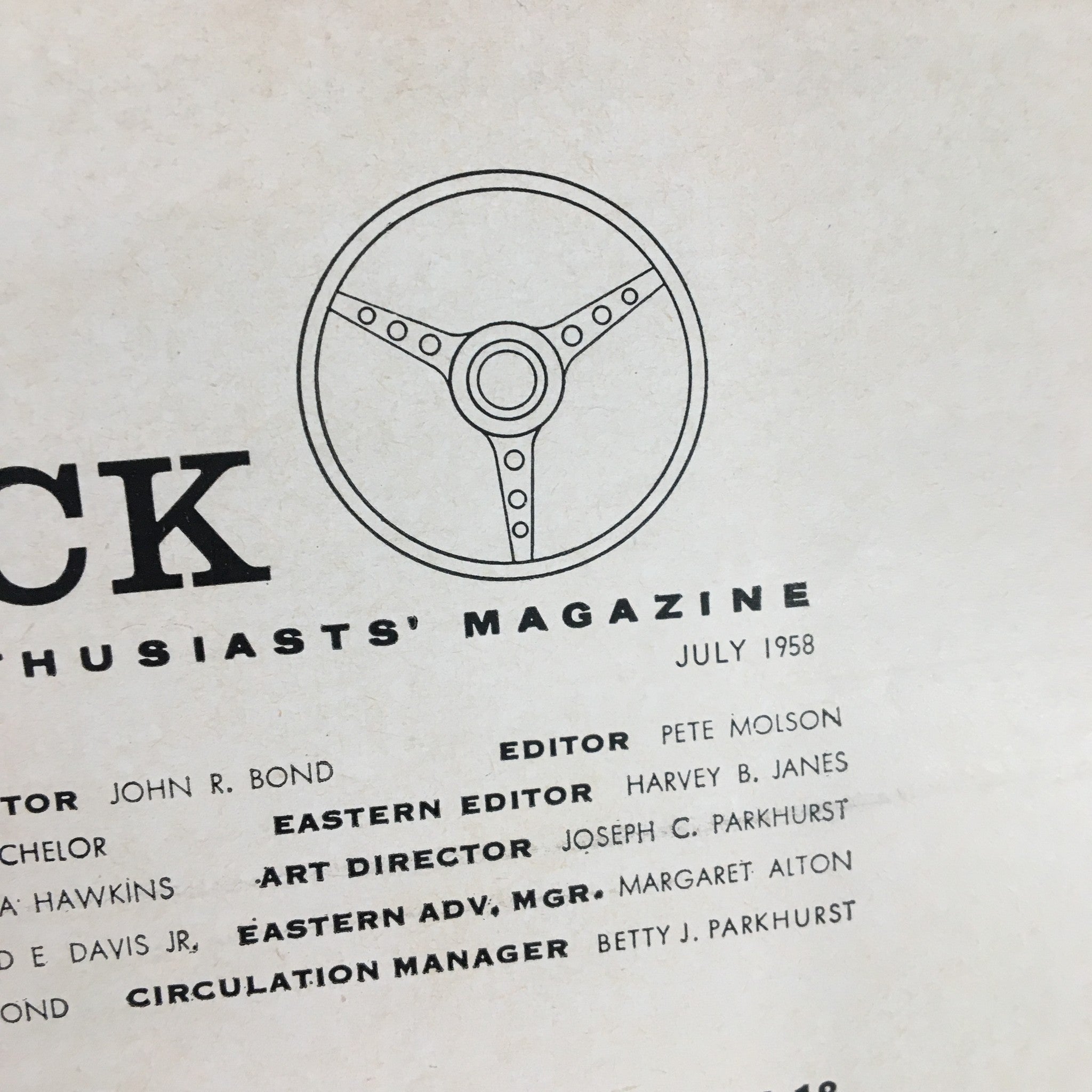 Close-up of the editorial section of VTG Road & Track Magazine July 1958 highlighting the magazine's logo and its team of editors.